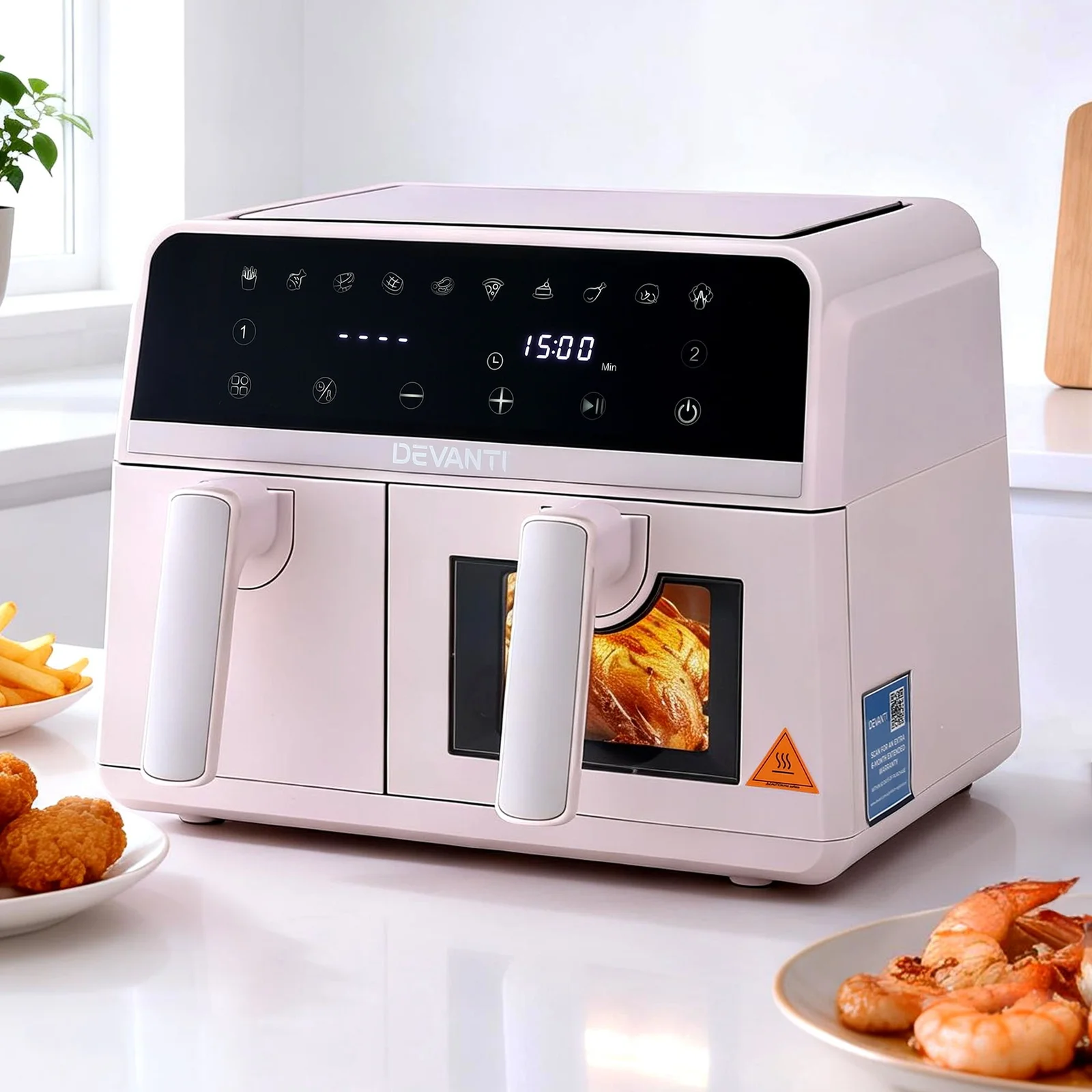 Devanti Air Fryer 9L Dual Zone Fryers 2600W Pink