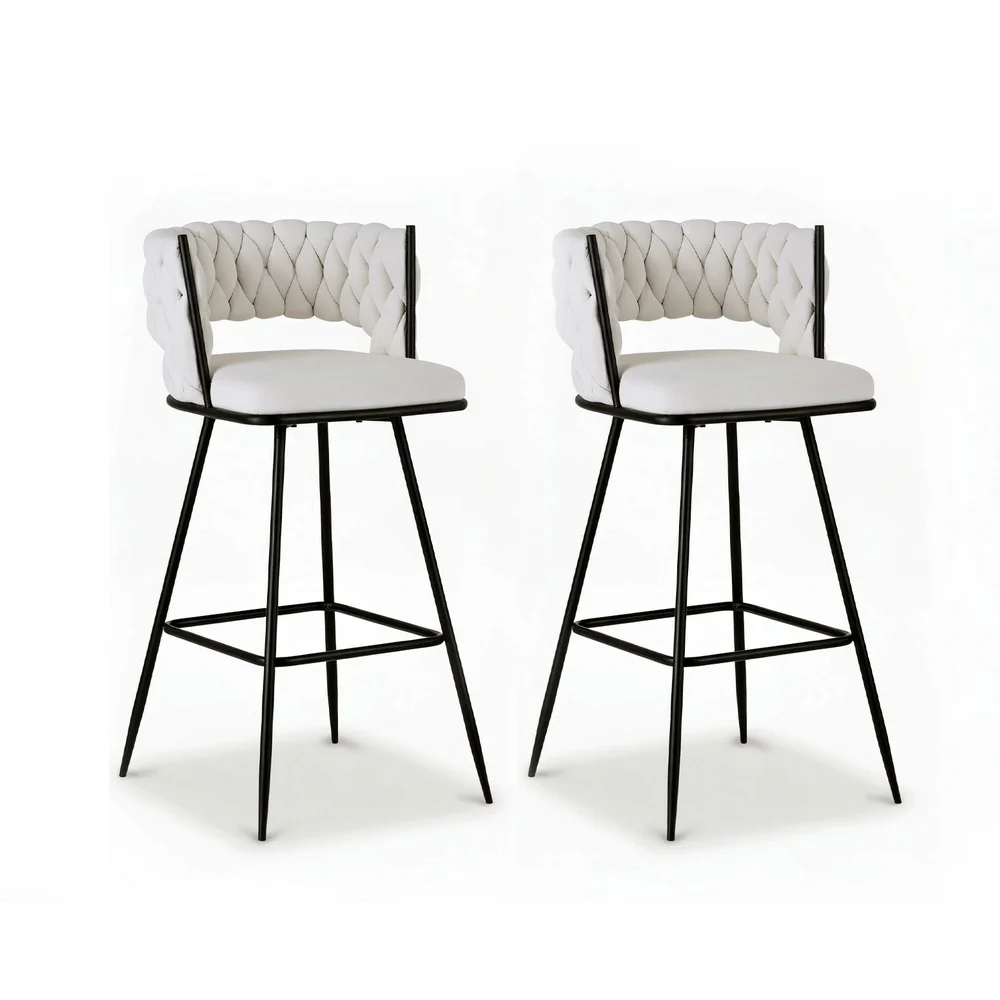 Artiss 2x Bar Stools Kitchen Dining Chair Counter Stool Woven Velvet Metal Ivory