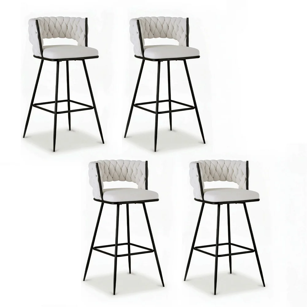 Artiss 4x Bar Stools Kitchen Dining Chair Counter Stool Woven Velvet Metal Ivory