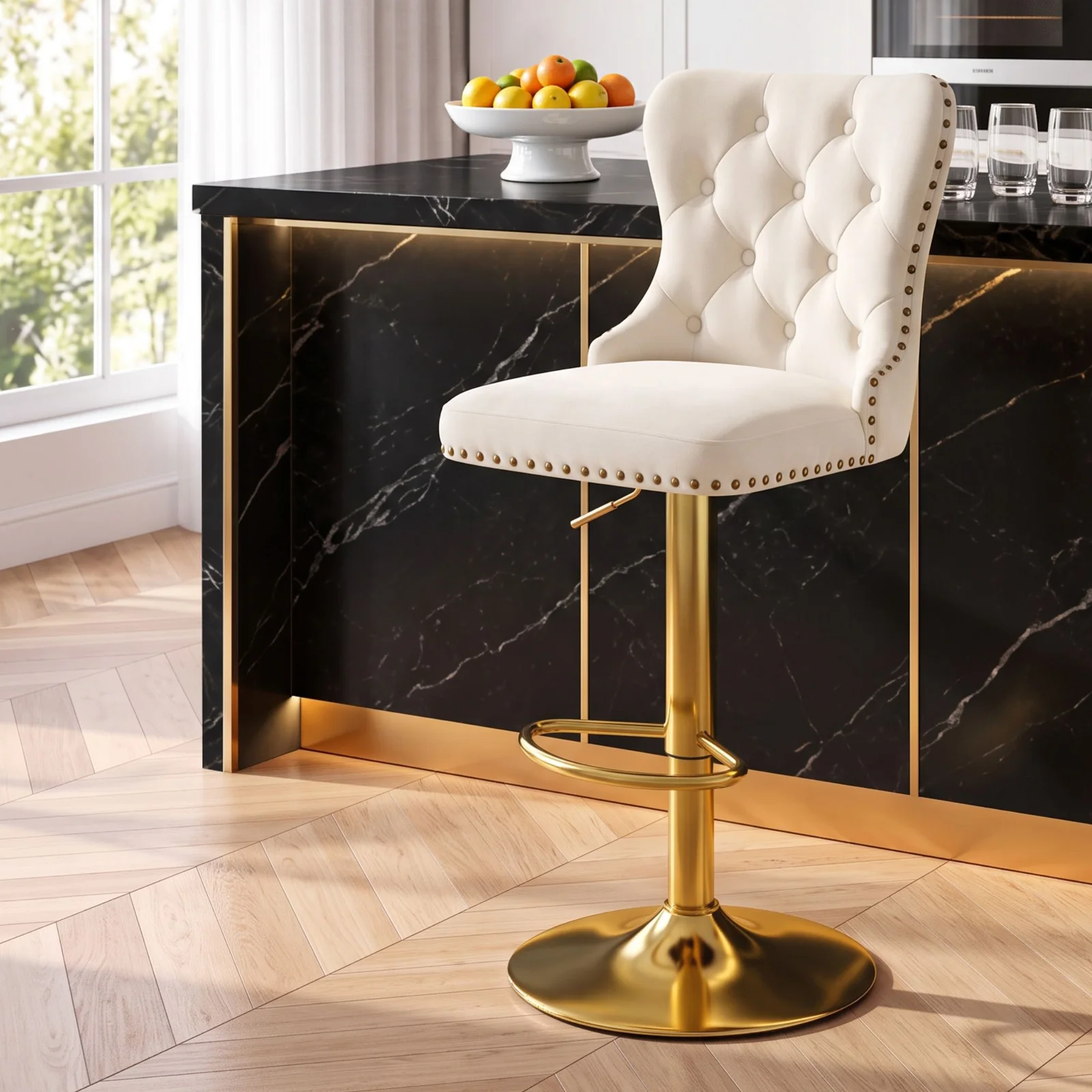 Artiss Velvet Bar Stool Adjustable Height with Nailhead Trim, Ivory