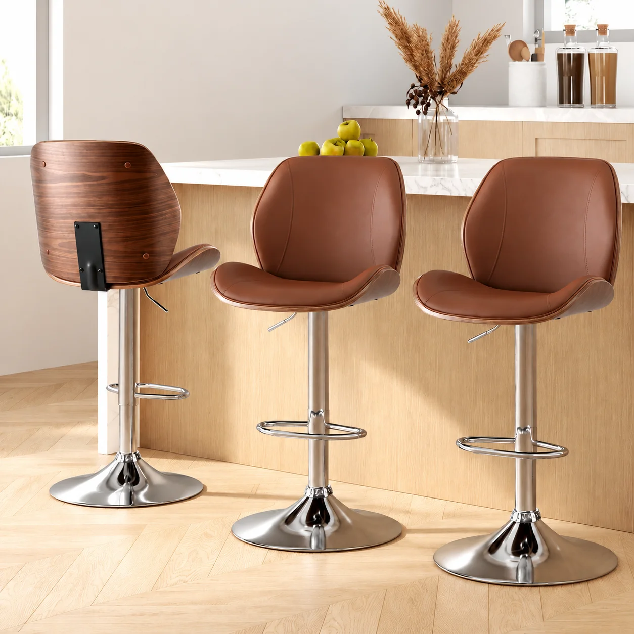 Artiss 3X Bar Stools Bentwood Adjustable Kitchen Counter Chair PU Leather Brown