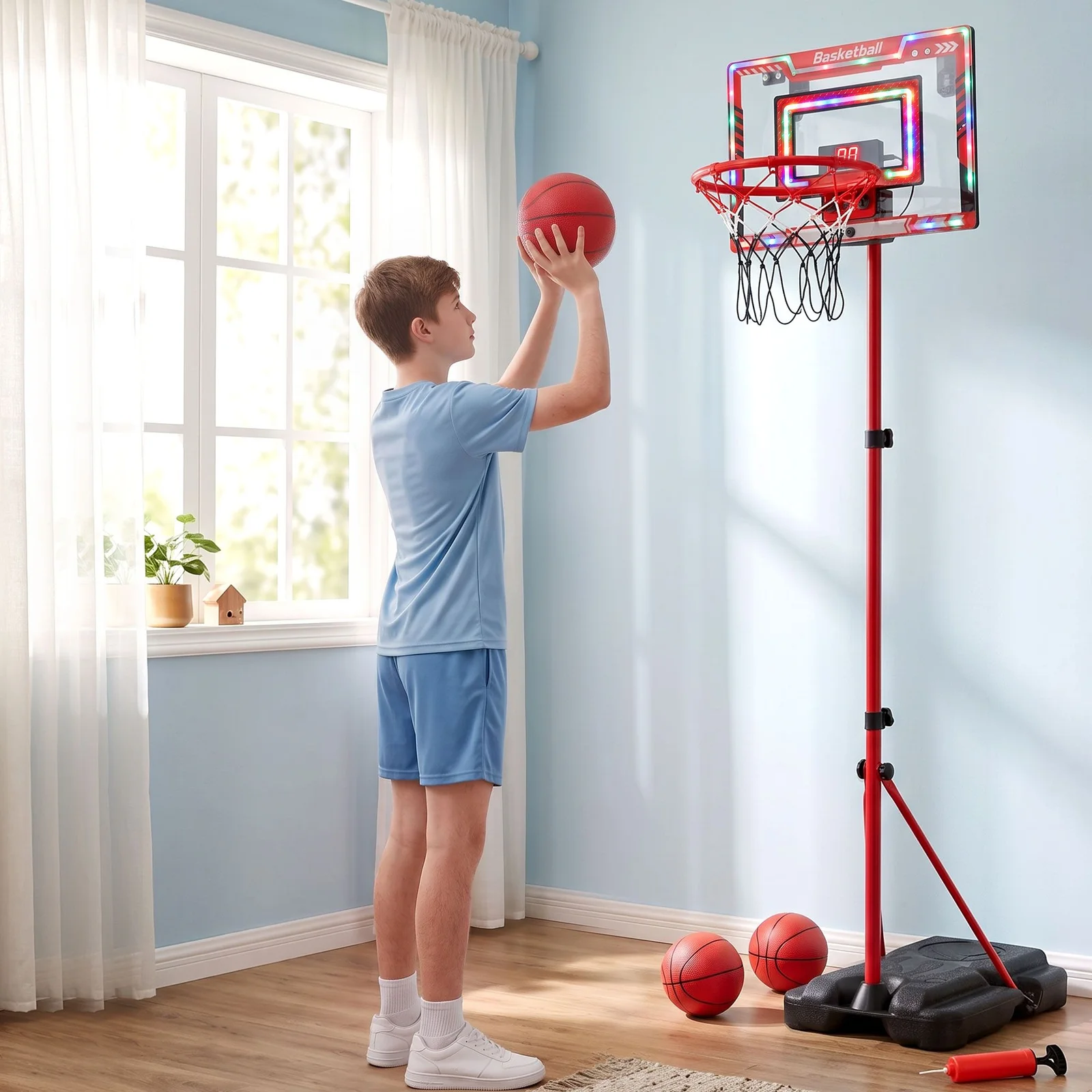 Everfit 2 in 1 Kids Basketball Hoop Adjustable Stand Over Door Scoreboard Red