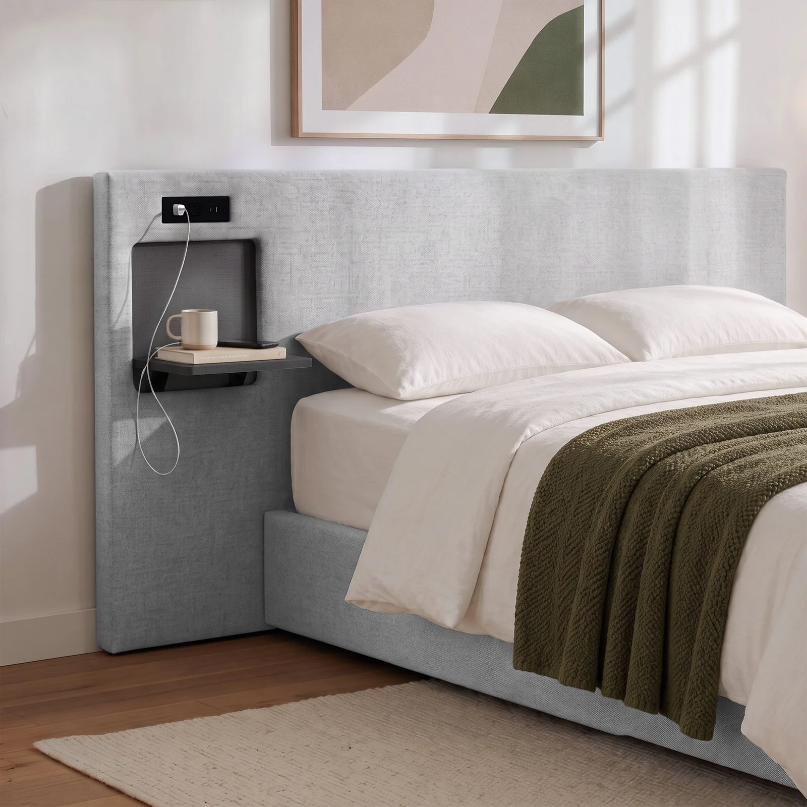 Artiss Queen Headboard with Foldable Bedside Table & Charging Station, Grey