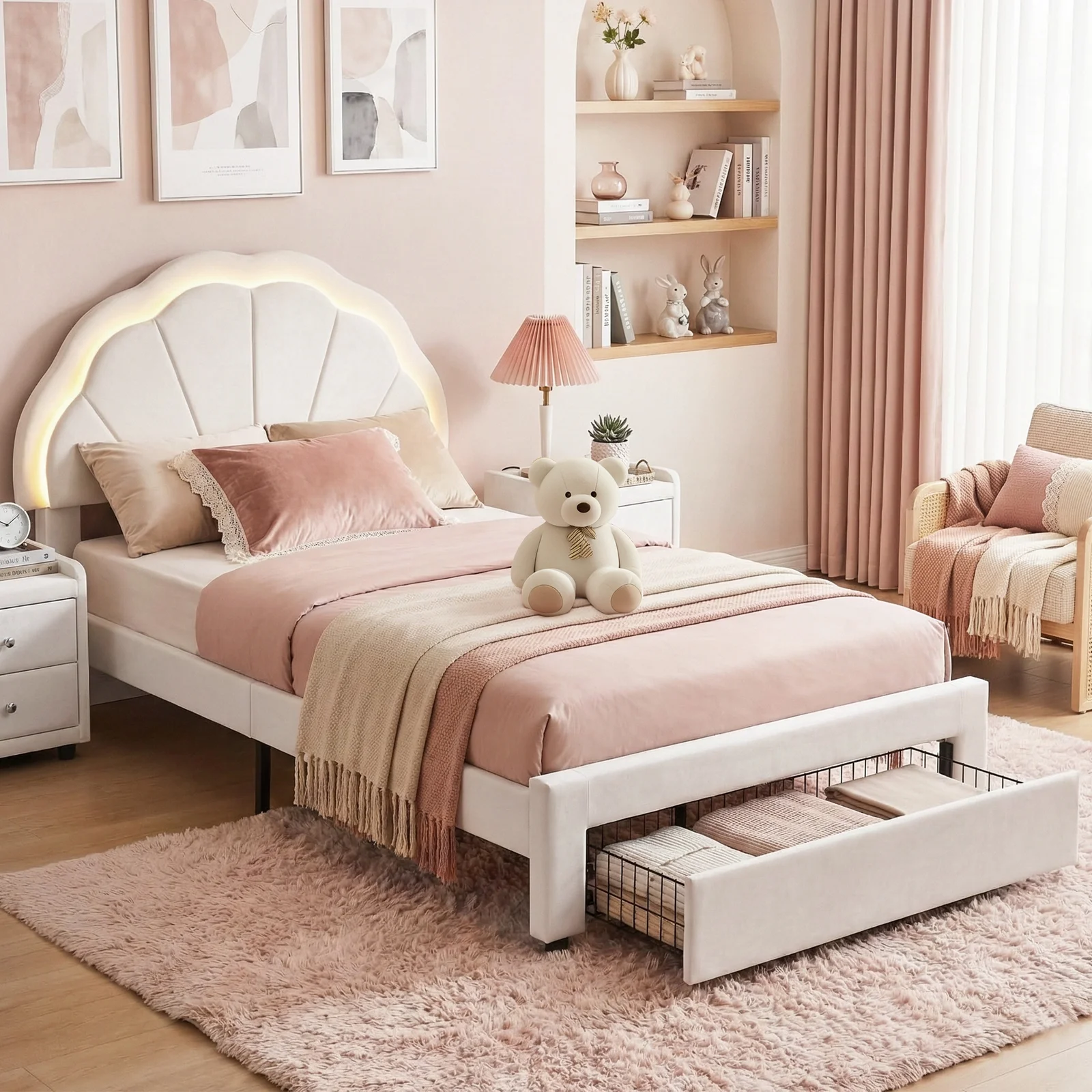 Artiss King Single Bed Frame with Storage Drawer Upholstered Velvet Platform Bed LED Headboard