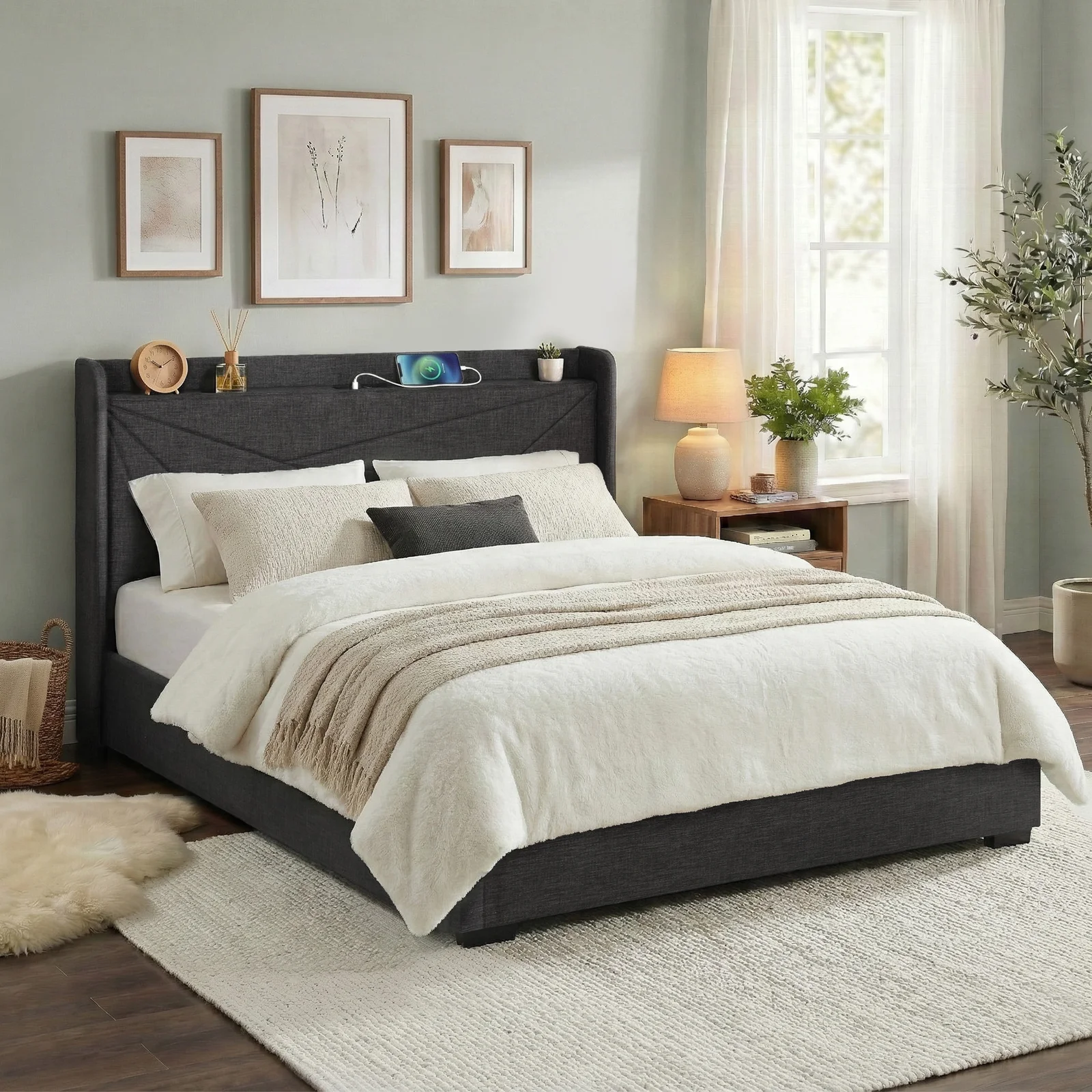 Artiss King Bed Frame Gas Lift Storage Bed with Charging Ports Upholstered Geometric Headboard Charcoal Grey