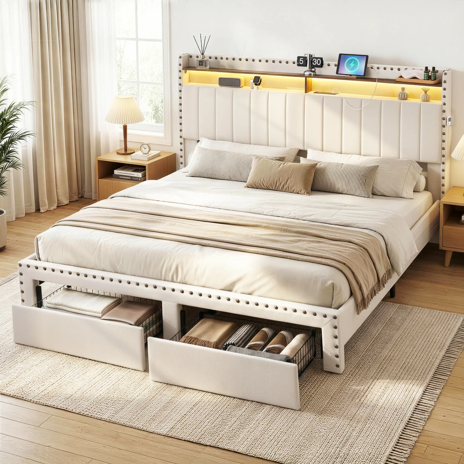 Artiss King Upholstered Bed Frame with Shelf Storage Drawers Charging Station Mood Lighting Linen