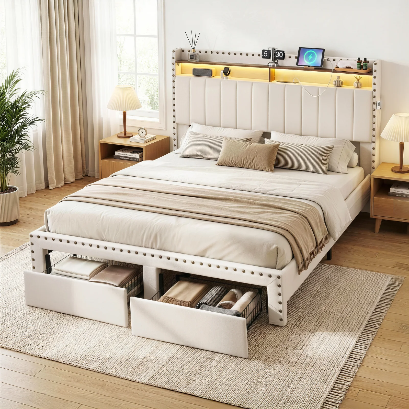 Artiss Queen Upholstered Bed Frame with Shelf Storage Drawers Charging Station Mood Lighting Linen