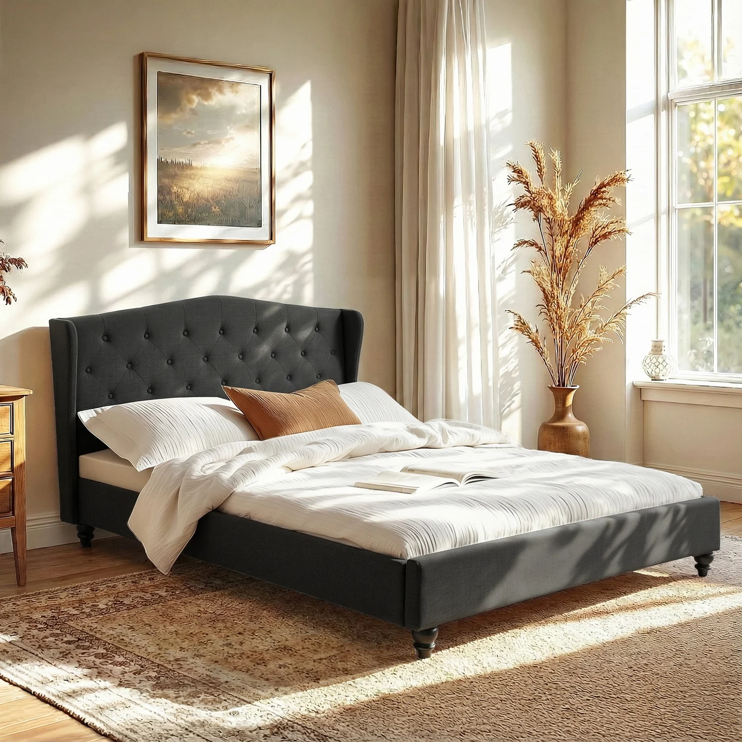 Artiss Queen Bed Frame Wingback Headboard Charcoal Grey Linen Upholstered Platform Bed Base