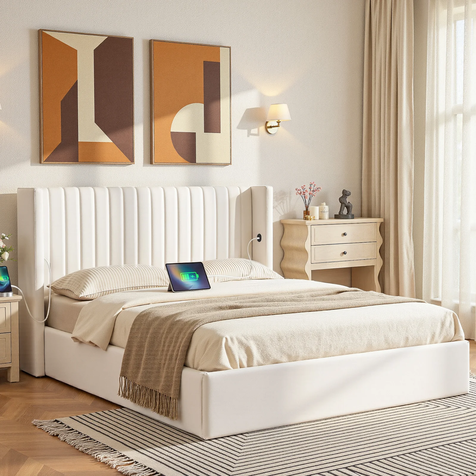 Artiss Double Bed Frame with Gaslift Storage USB Type-C Charging Ports Velvet Upholstery White