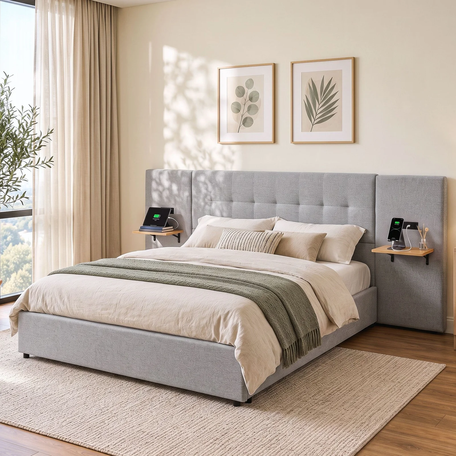 Artiss Queen Bed Frame with Wide Headboard, Floating Shelves and USB Grey