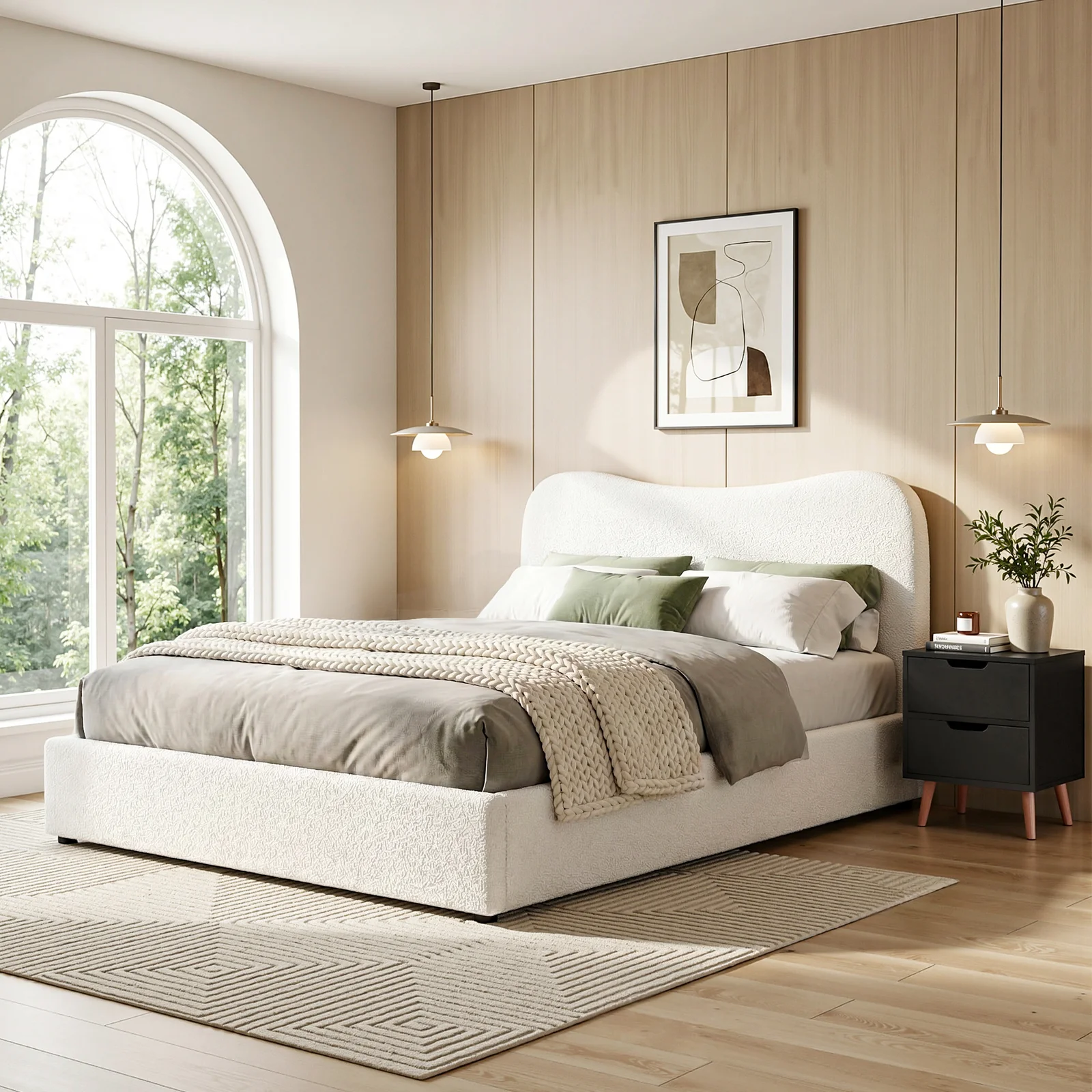 Artiss Double Bed Frame and Bedside Table Set Boucle Beige with Headboard Black Nightstand