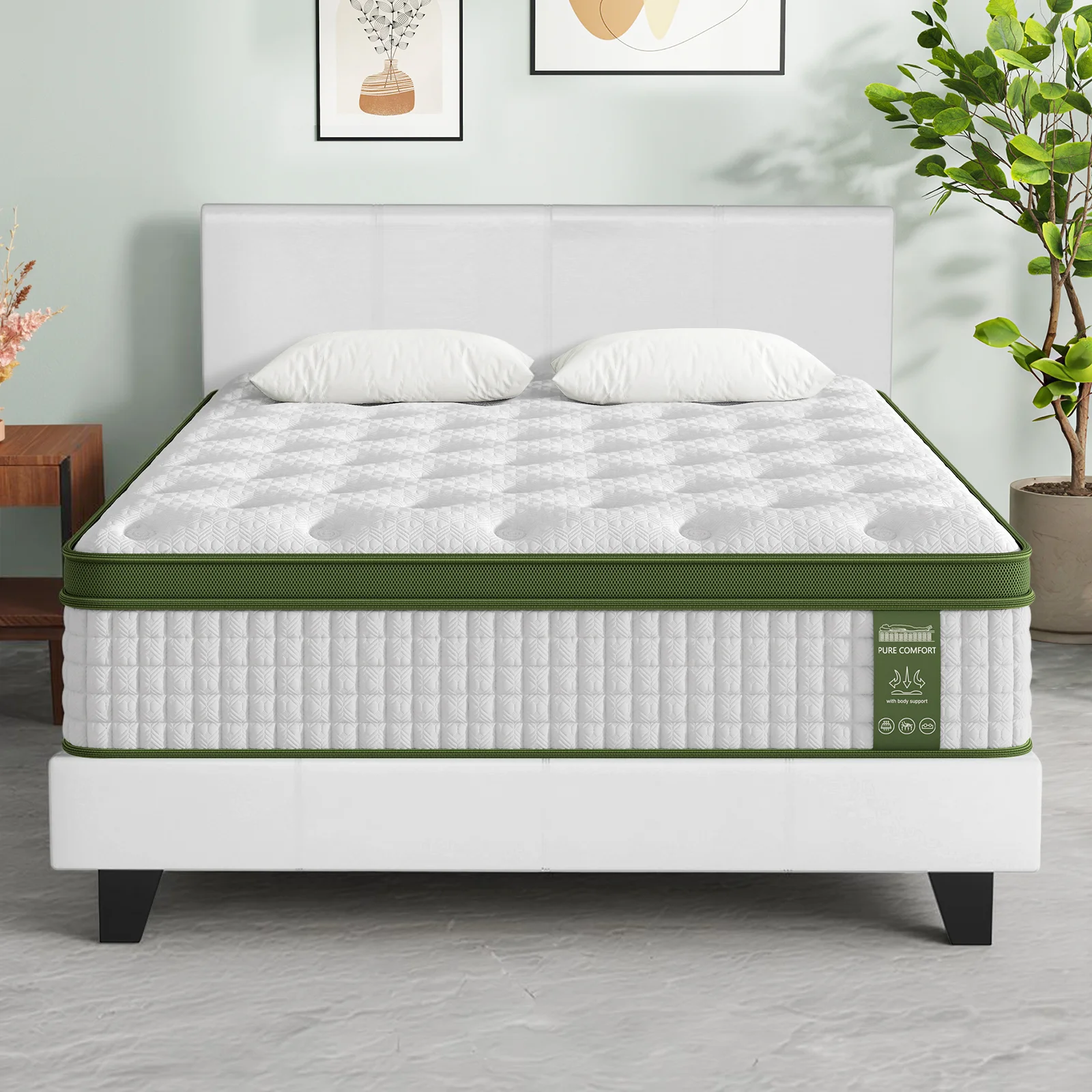 Artiss Double Bed Frame and BedStory Hybrid Mattress Bundle with Headboard White