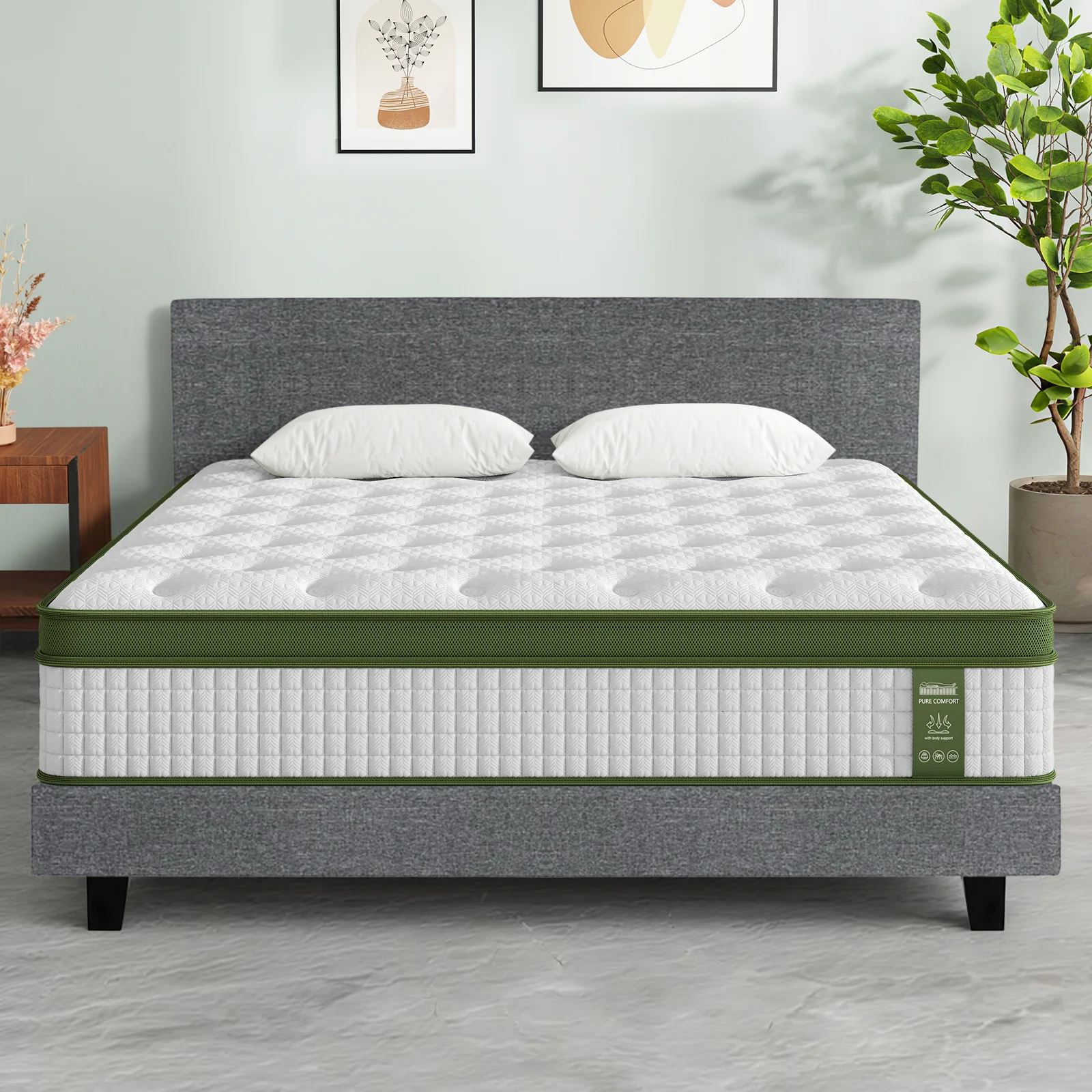 Artiss BedStory King Bed Frame Set With Hybrid Mattress Medium Firm Linen Grey