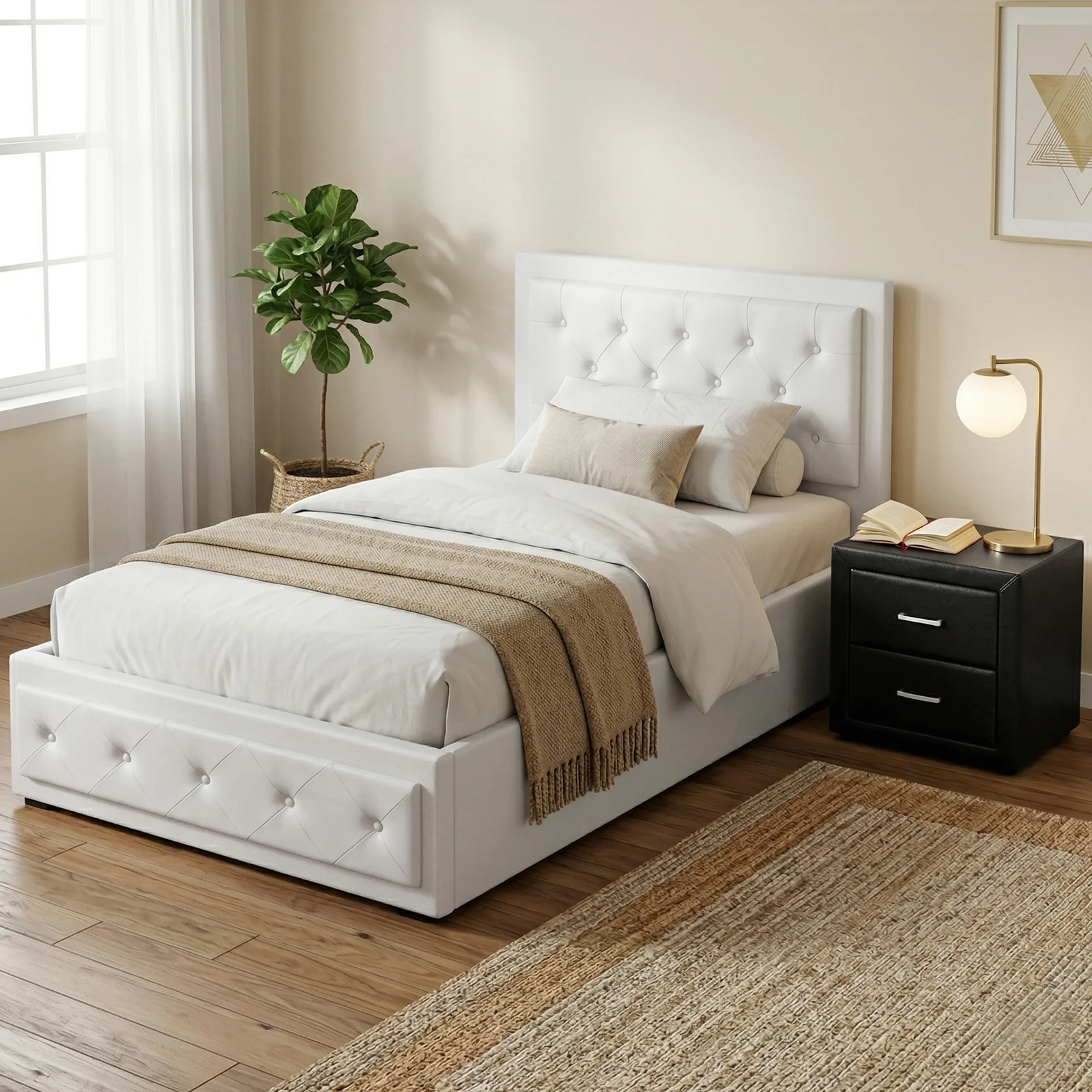 Artiss King Single Bed Frame Storage White Leather Gas Lift Bed Black Bedside Table Set