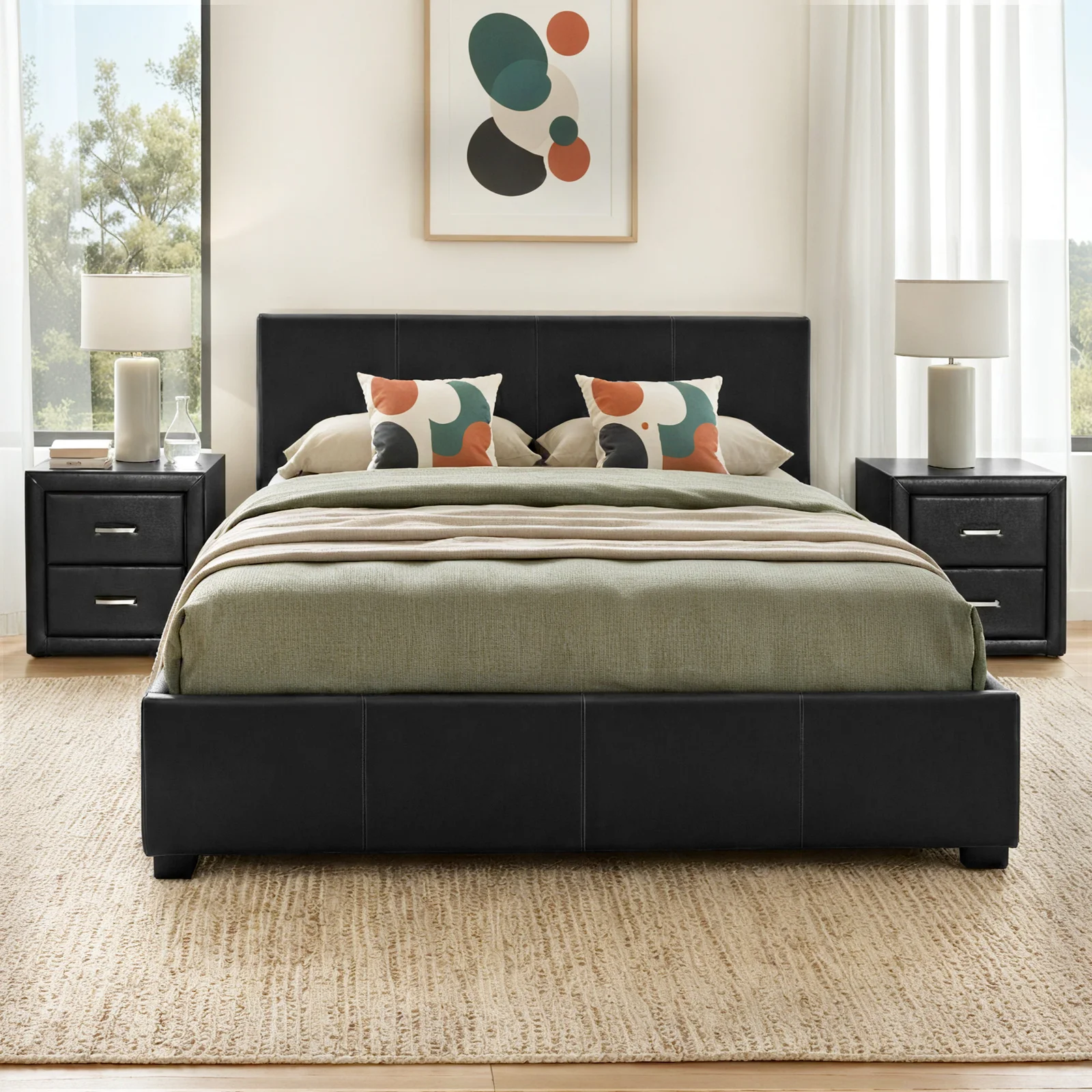 Artiss Gas Lift Queen Bed Frame and 2 Bedside Table Set Leather Black