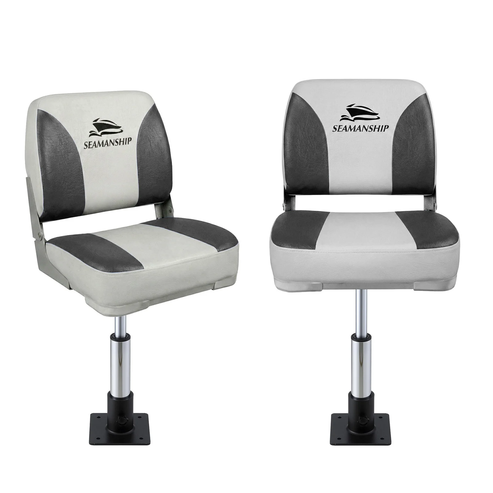 Seamanship 2X Folding Boat Seats with 2X Adjustable Pedestals 34–46cm Marine Swivel Low Back 13cm Padding Charcoal
