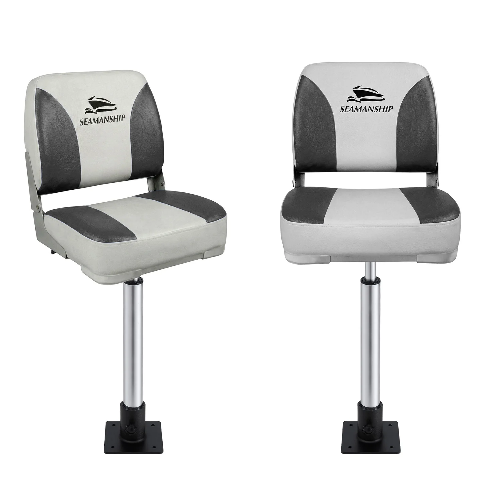 Seamanship 2X Folding Boat Seats with 2X Adjustable Pedestals 55–75cm Marine Swivel Low Back 13cm Padding Charcoal