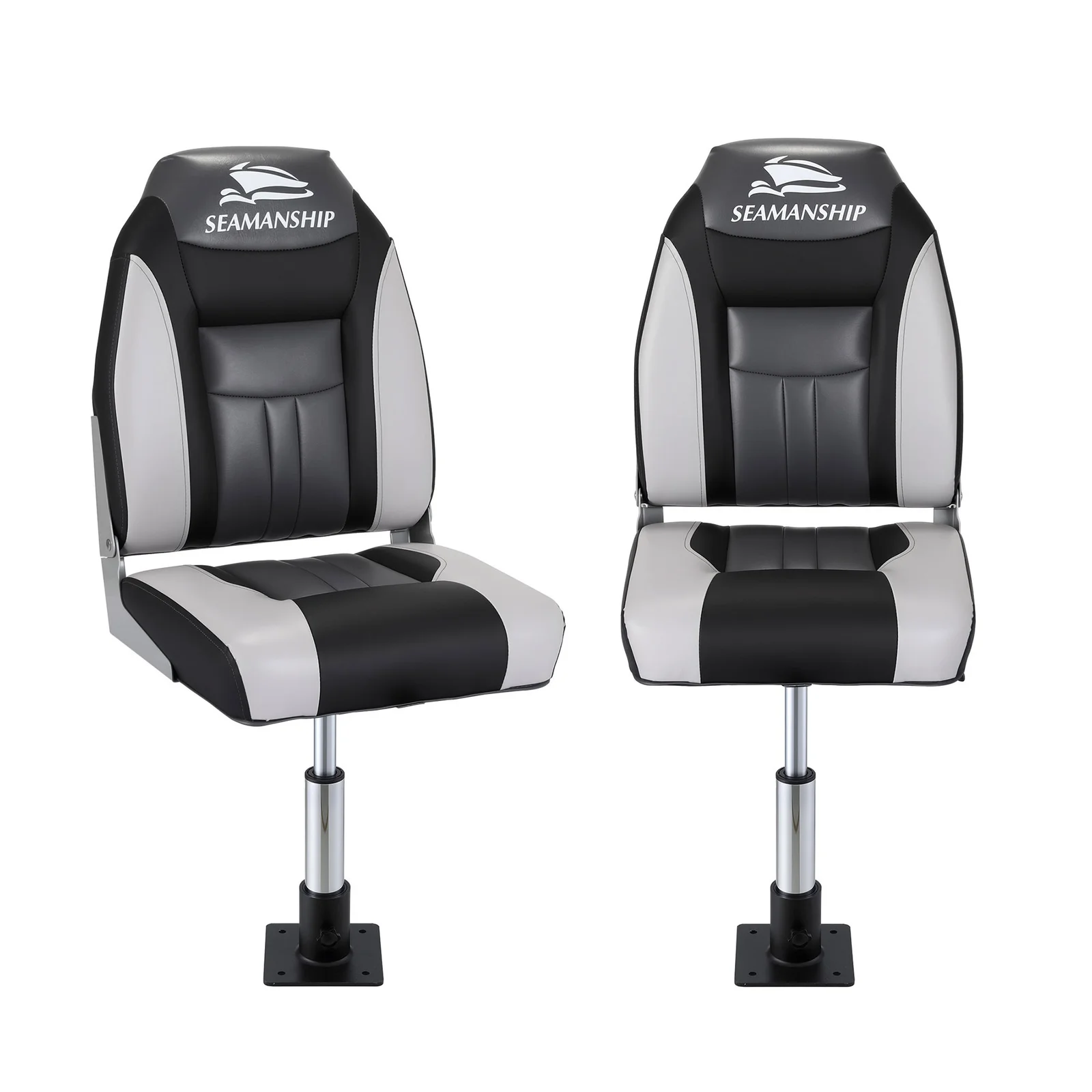 Seamanship 2X Folding Boat Seats with 2X Adjustable Pedestals 34–46cm Marine Seat Swivel High Back 12cm Padding Black