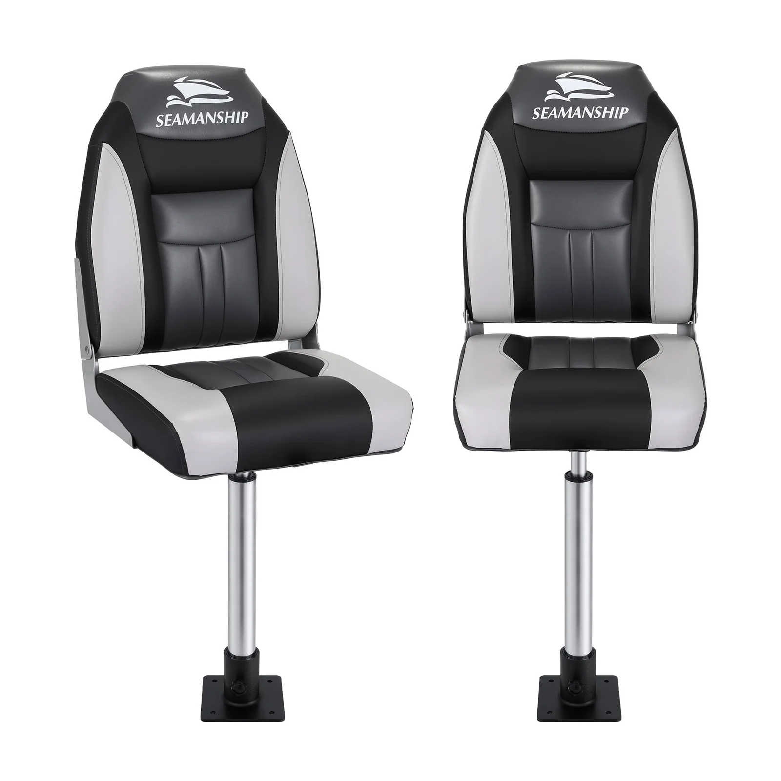 Seamanship 2X Folding Boat Seats with 2X Adjustable Pedestals 55–75cm Marine Seat Swivel High Back 12cm Padding Black