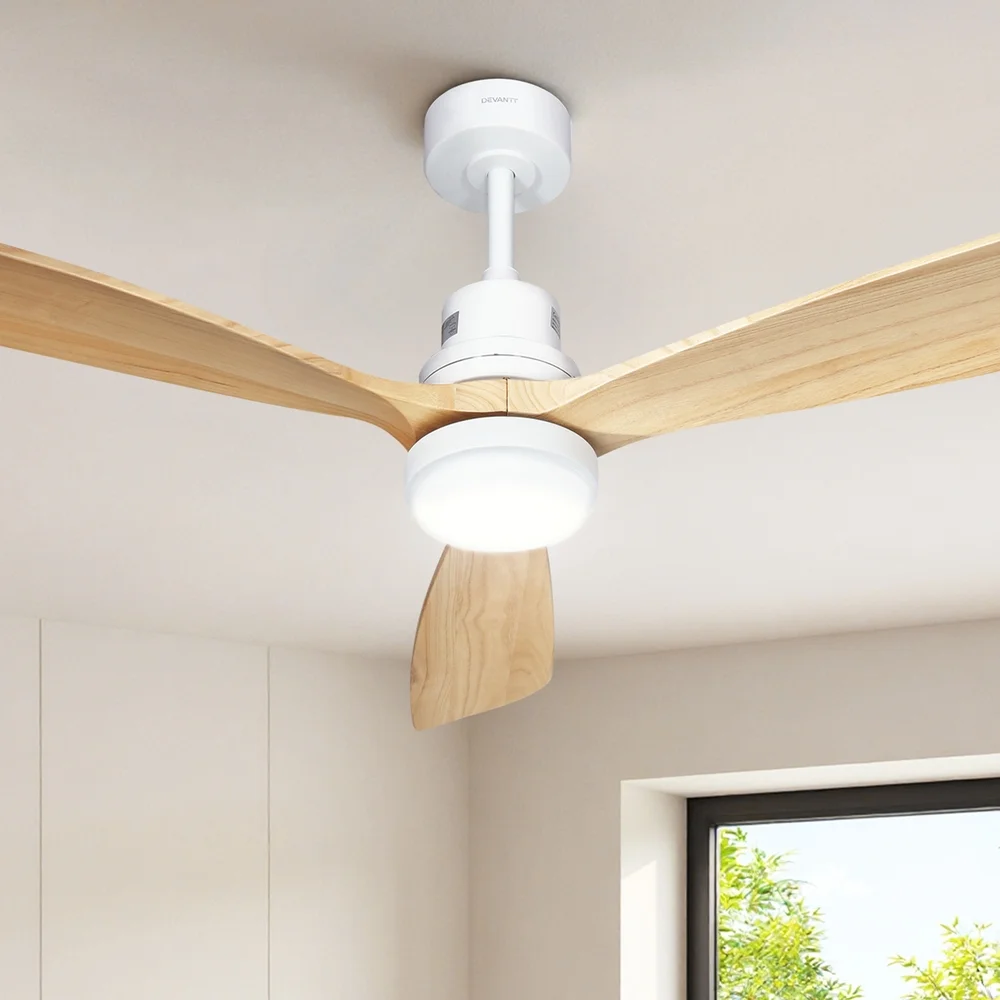 Devanti 52'' Ceiling Fan DC Motor LED Light Remote - Light Wood