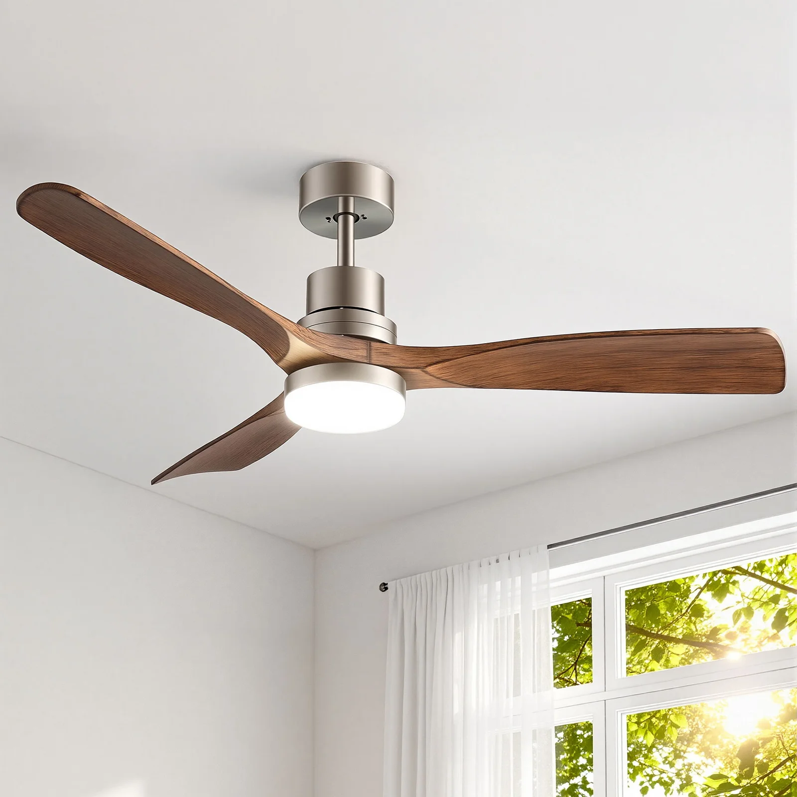 Devanti 52" Ceiling Fan with Light Remote Control DC Motor Smart App Timber Blades Brown