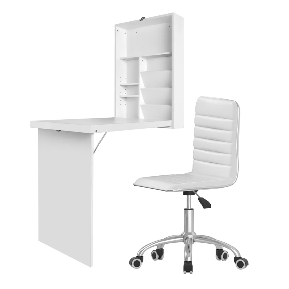 Artiss Computer Desk Office Chair Set PU Leather Wall Mount Foldable Table White