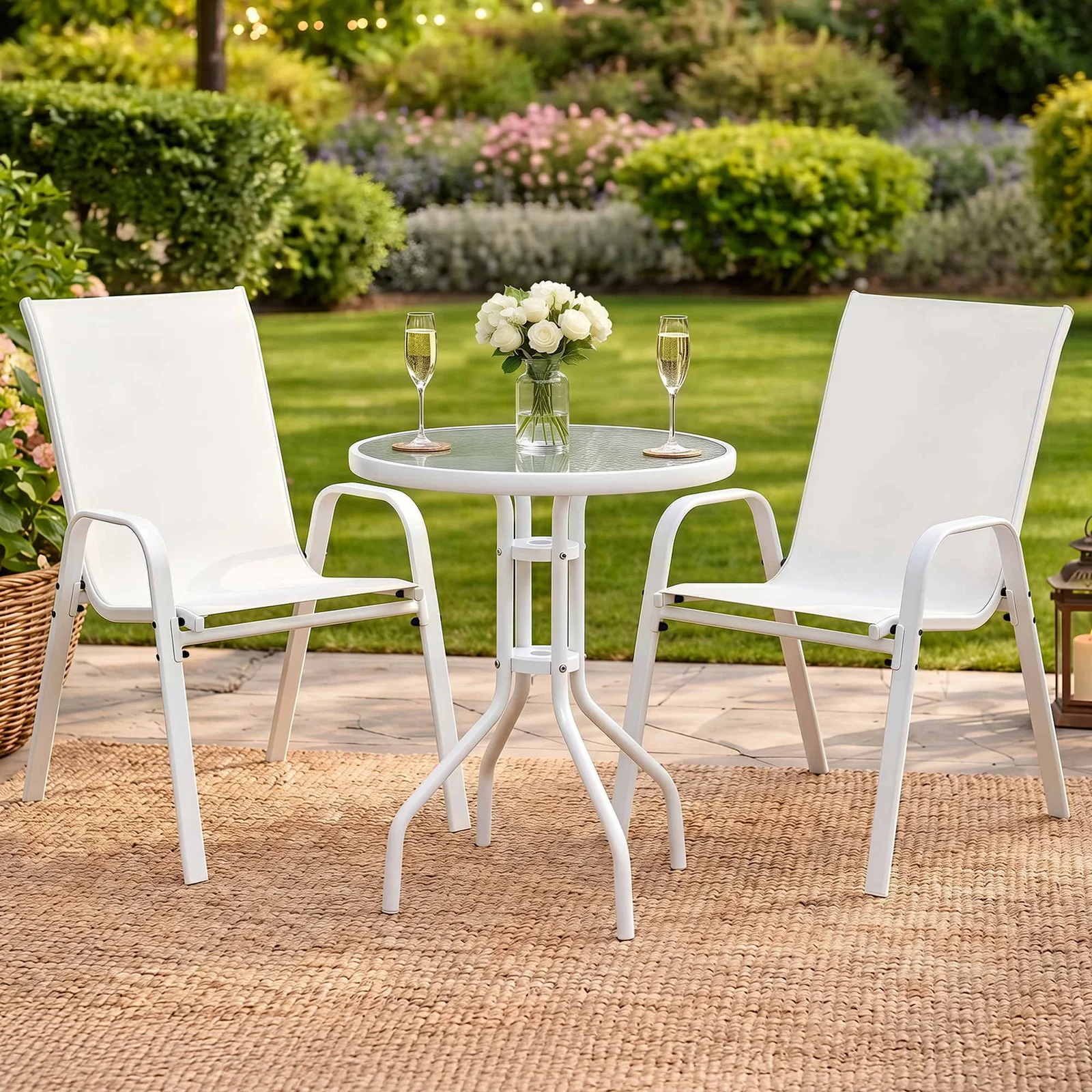 Gardeon 3PC Outdoor Bistro Set Table and Chairs Stackable Patio Furniture White
