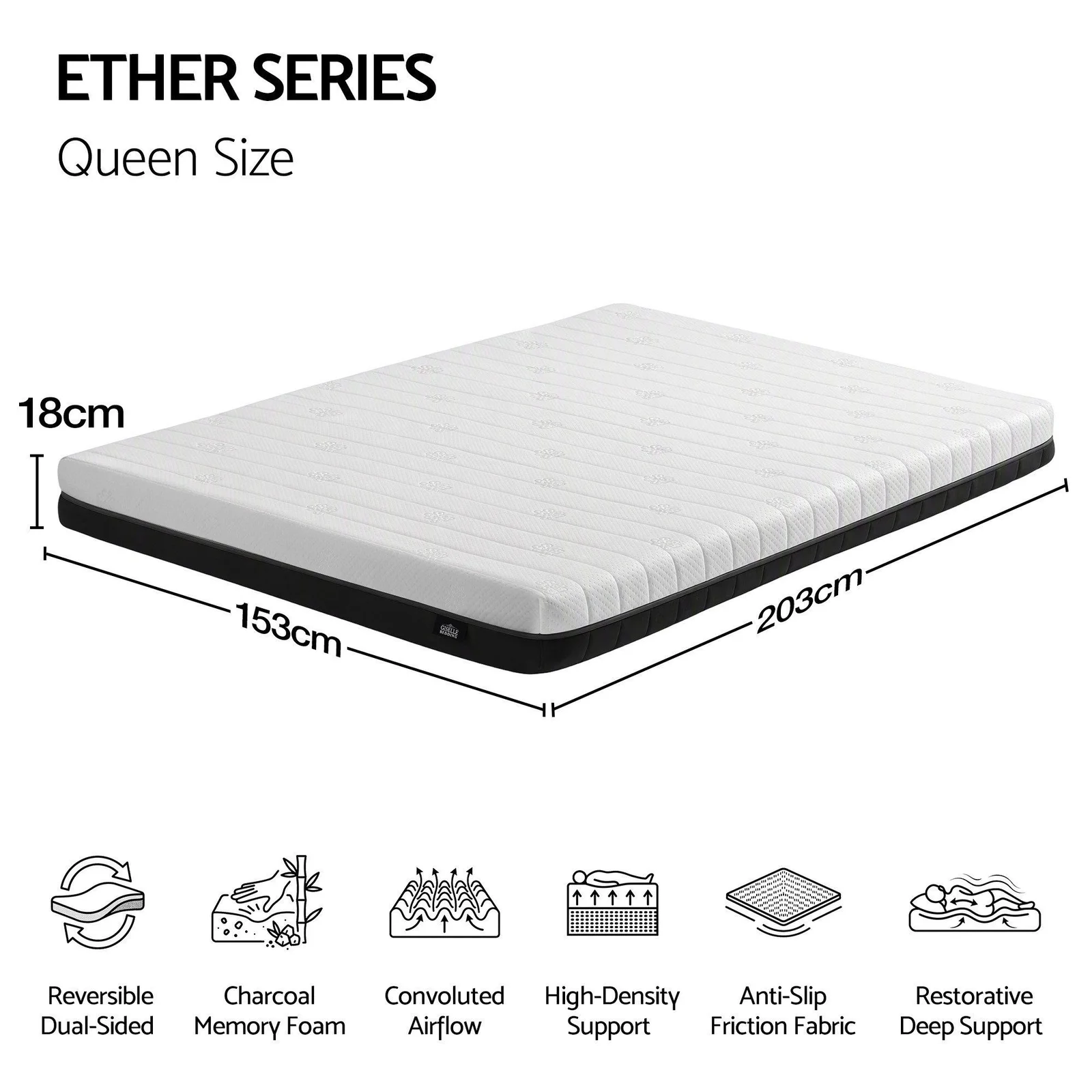 Giselle 18cm Queen Memory Foam Mattress Dual Feel Reversible Charcoal Foam