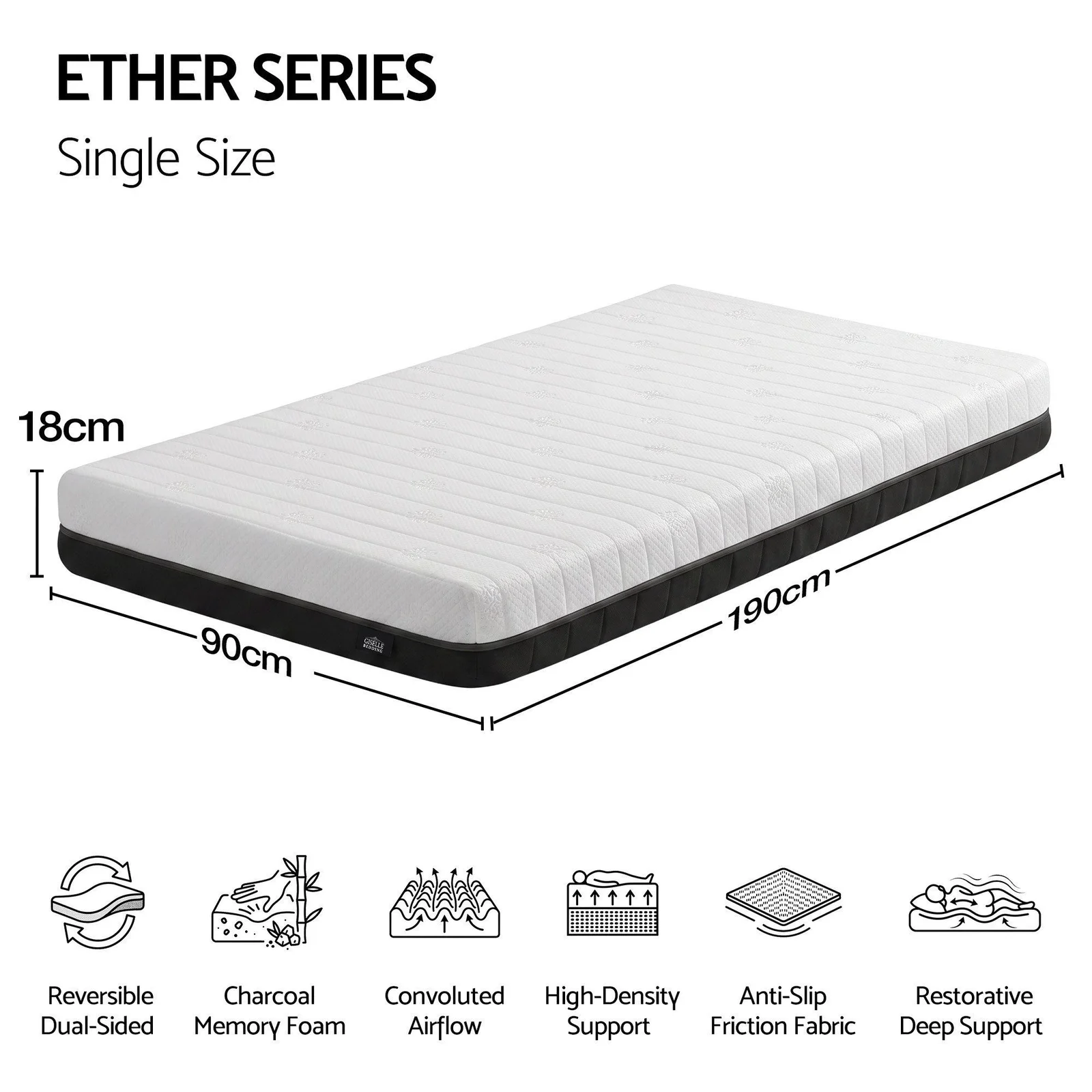 Giselle 18cm Single Memory Foam Mattress Dual Feel Reversible Charcoal Foam