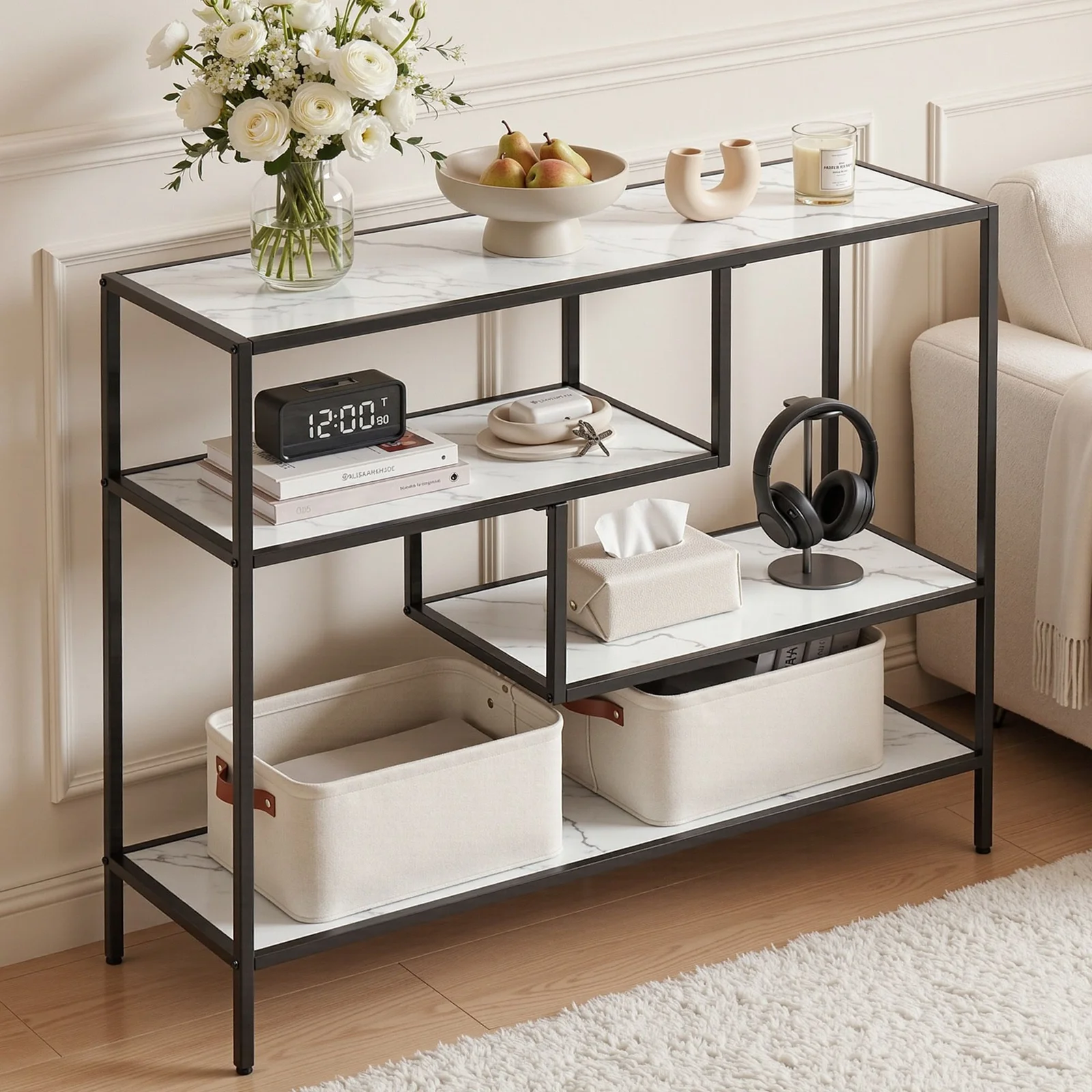 Artiss Console Table Entryway Hallway Marble Effect 4-Tier Storage Shelves White