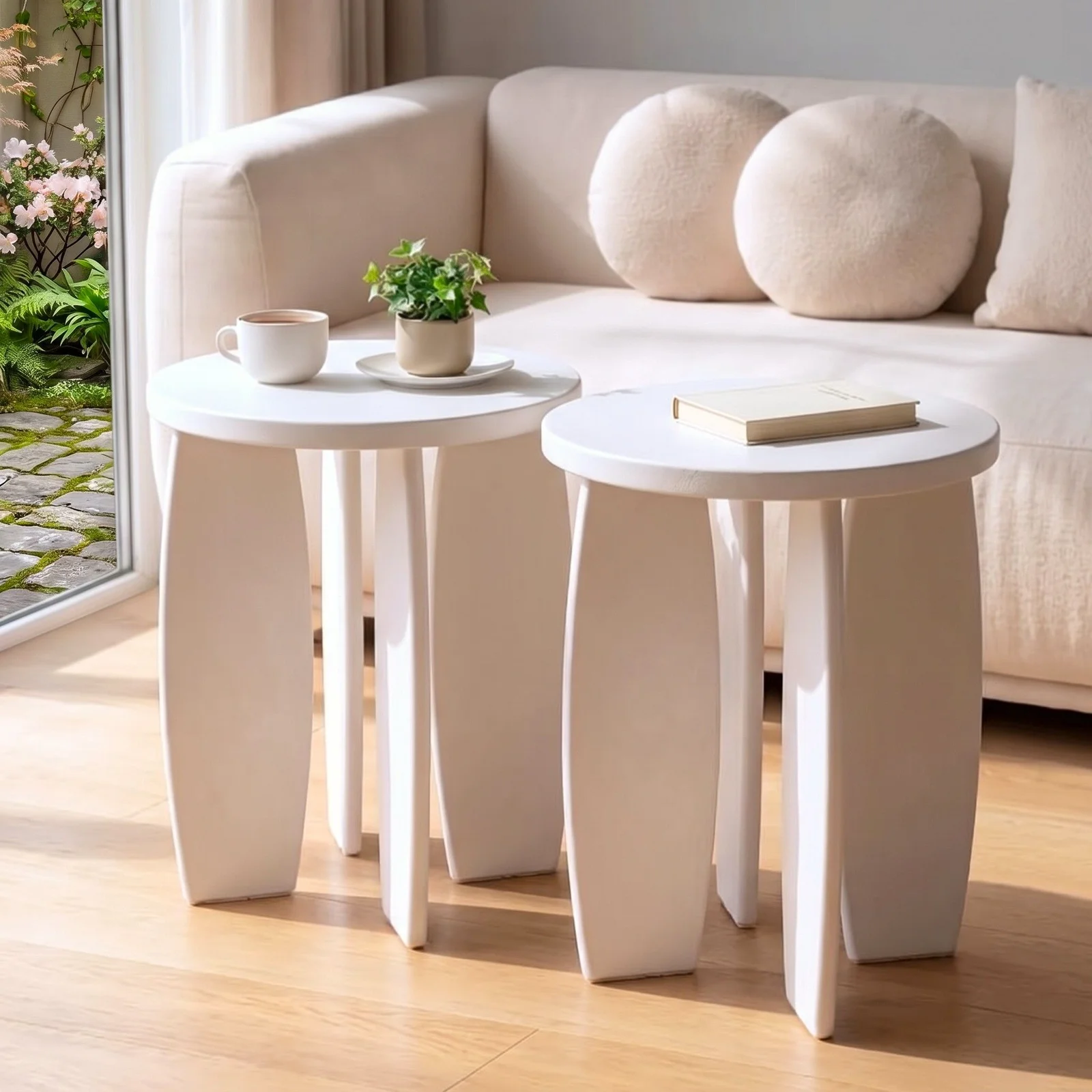 Artiss Round End Table Set of 2 High-Gloss 40x45cm Cream White