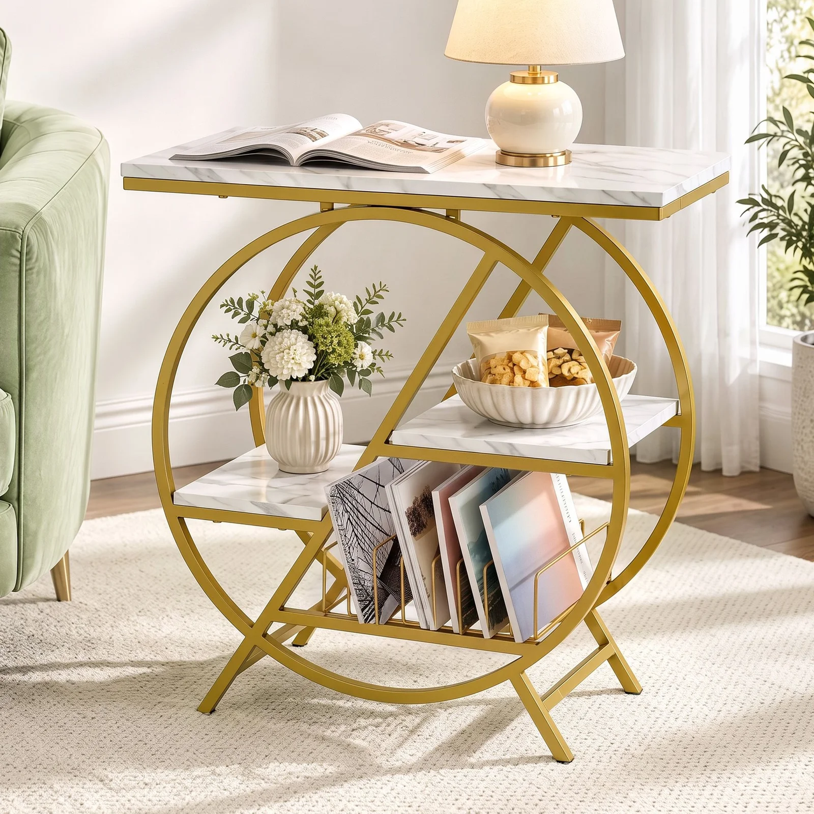 Artiss Side Table Marble Finish Coffee Table Nightstand Storage Shelf White&Gold
