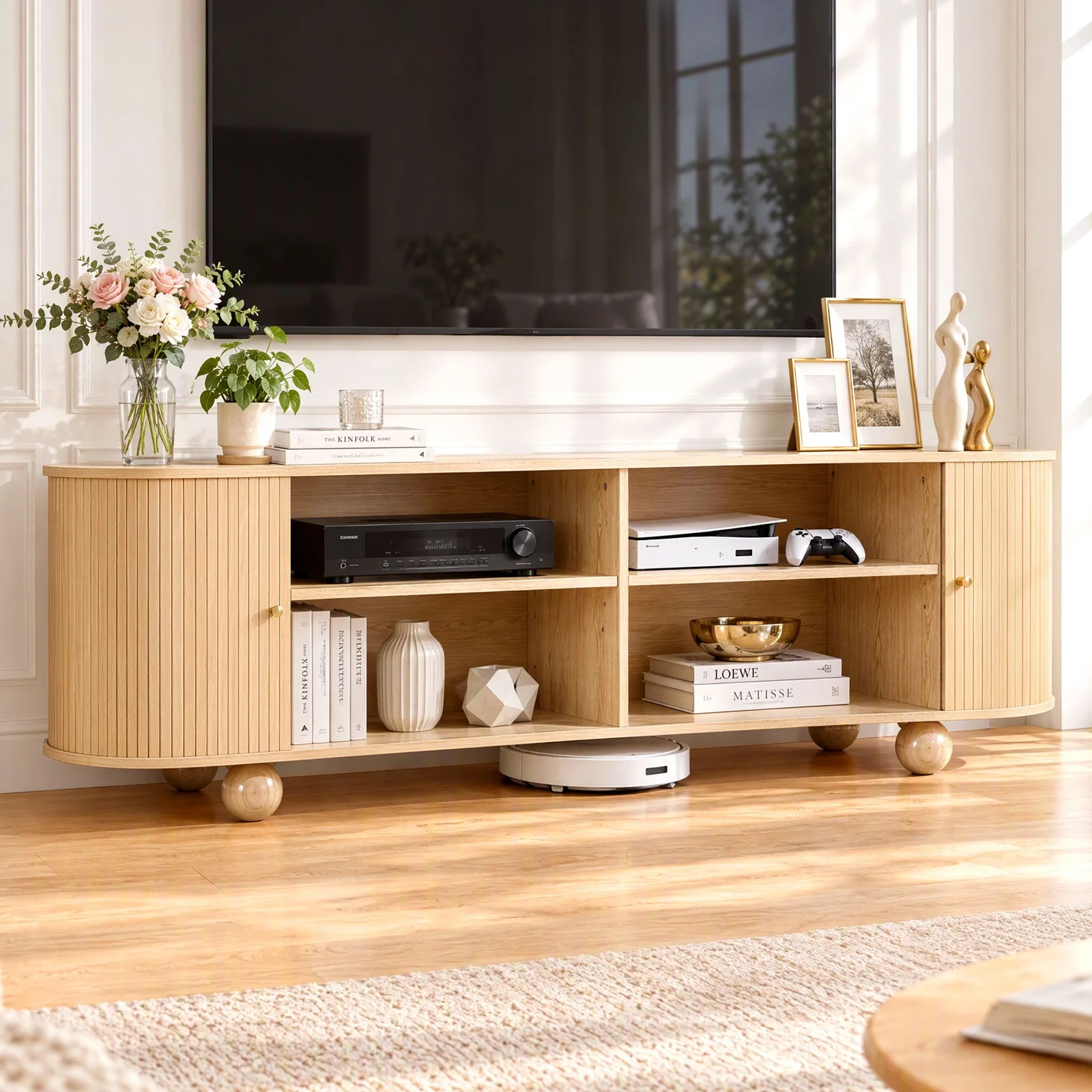 Artiss 180cm TV Unit with Fluted Sliding Doors, Curved Edges, Pine