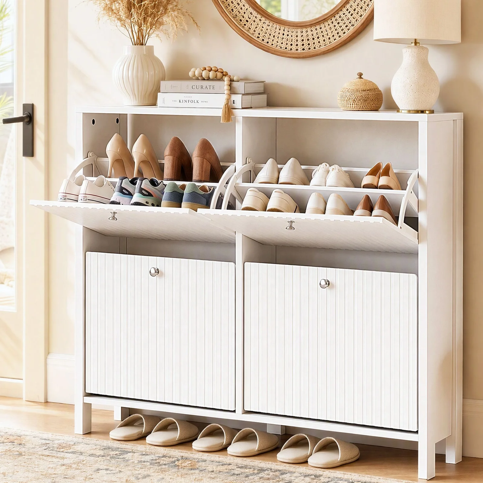 Artiss Shoe Cabinet 4 Flip Drawers Fluted Style Adjustable Shelves White