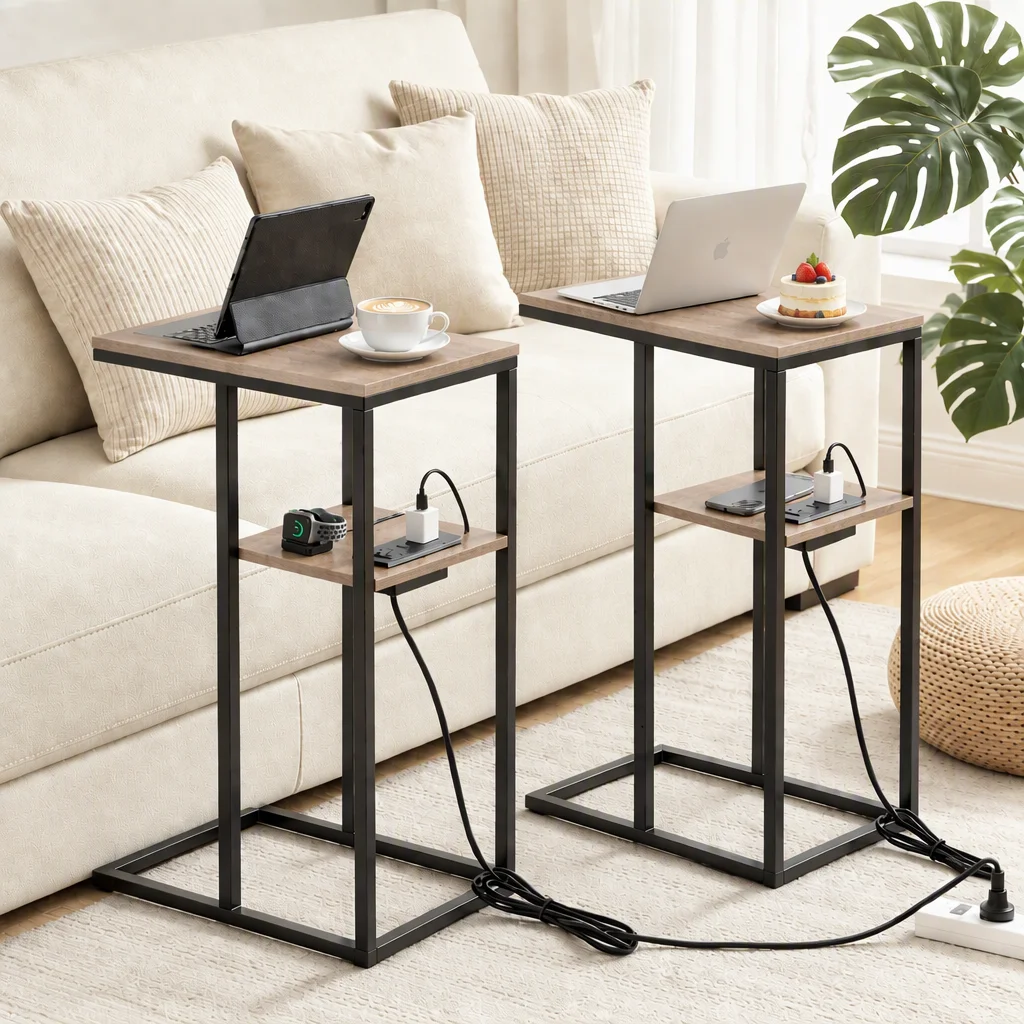 Artiss C-Shaped End Table Set of 2 with Charging Station, 2-Tier Side Table