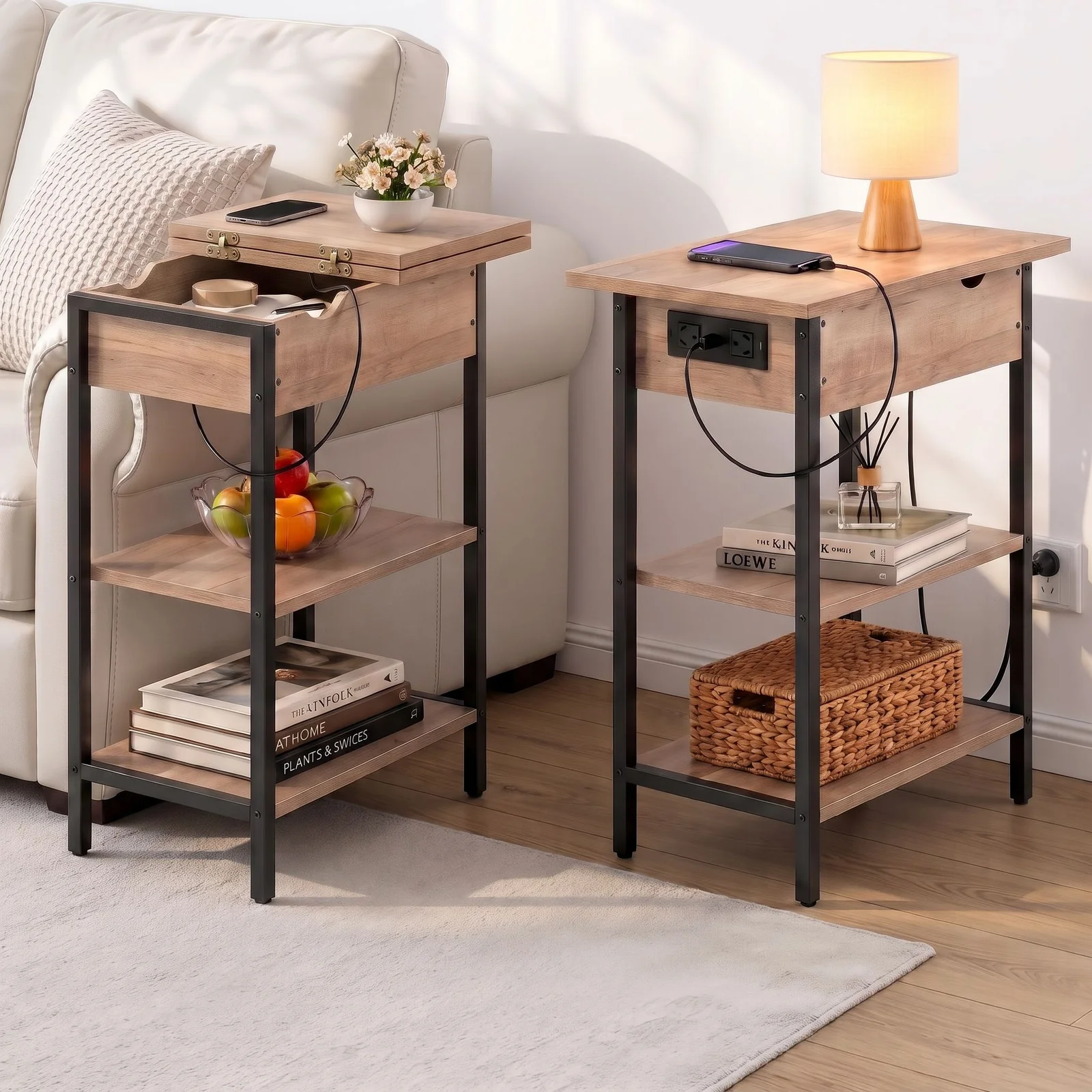 Artiss Set of 2 Side Tables with Charging Station and Flip-Top Storage, 60cm Wood