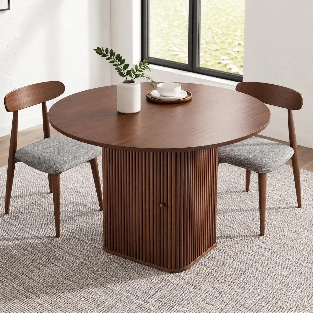 Artiss Modern Round Dining Table 100cm with Hidden Storage Base, Dark Walnut