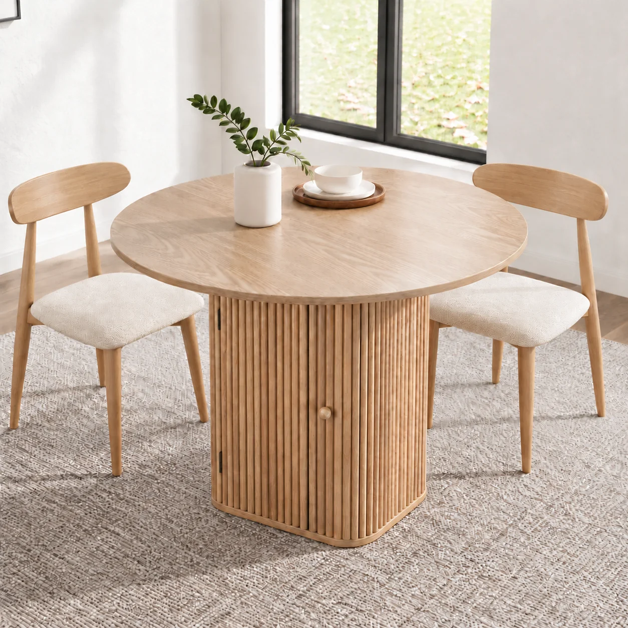 Artiss Modern Round Dining Table 80cm with Hidden Storage Base, Natural Wood
