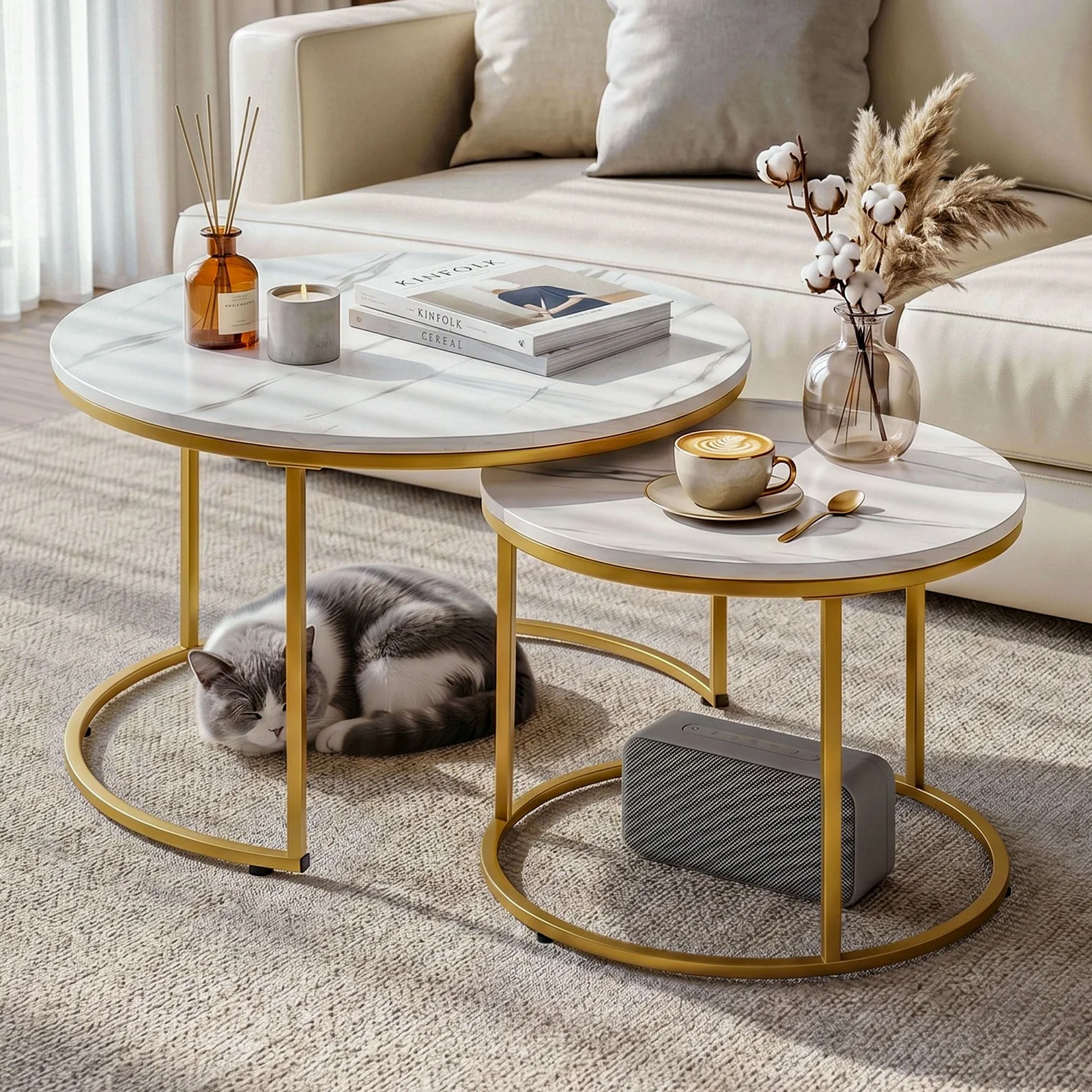 Artiss Nesting Coffee Table Set of 2 Round Marble Effect 70/50cm White & Gold