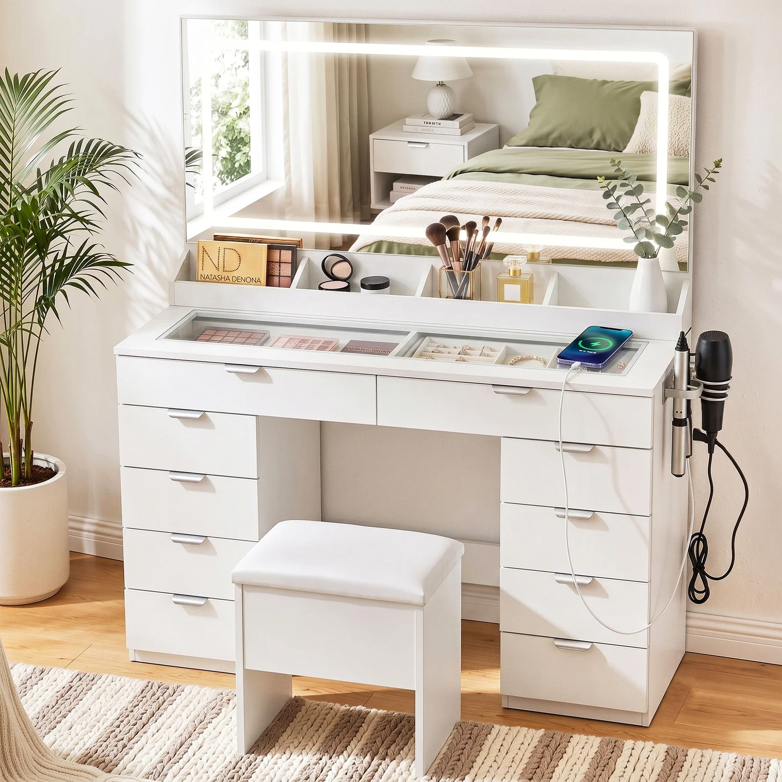 Artiss Dressing Table Makeup Vanity Desk Large LED Mirror 10 Drawers Power Outlet Hair Dryer Holder Hook White