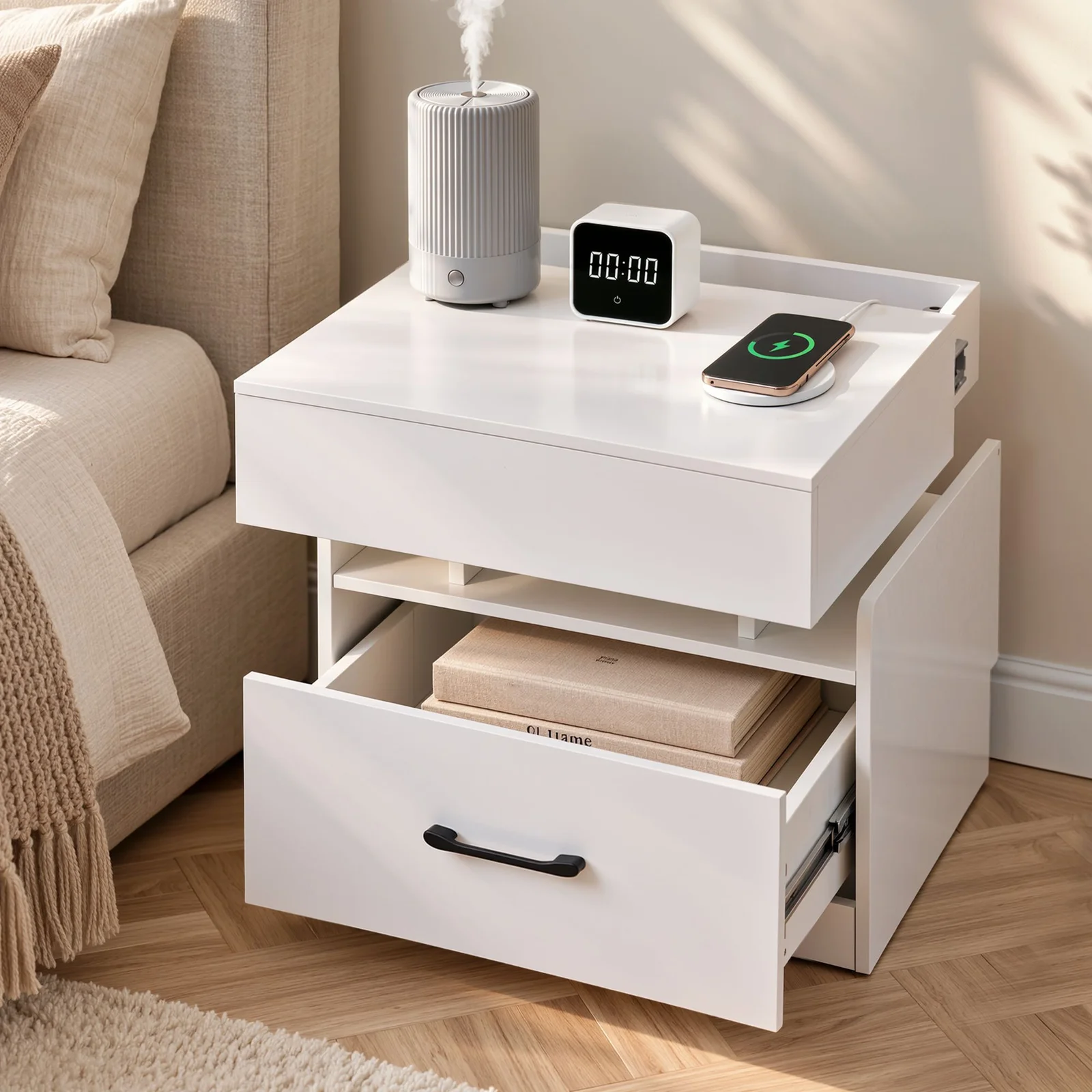 Artiss Bedside Table with Charging Station, Sliding Top and Drawer, White, 50cm