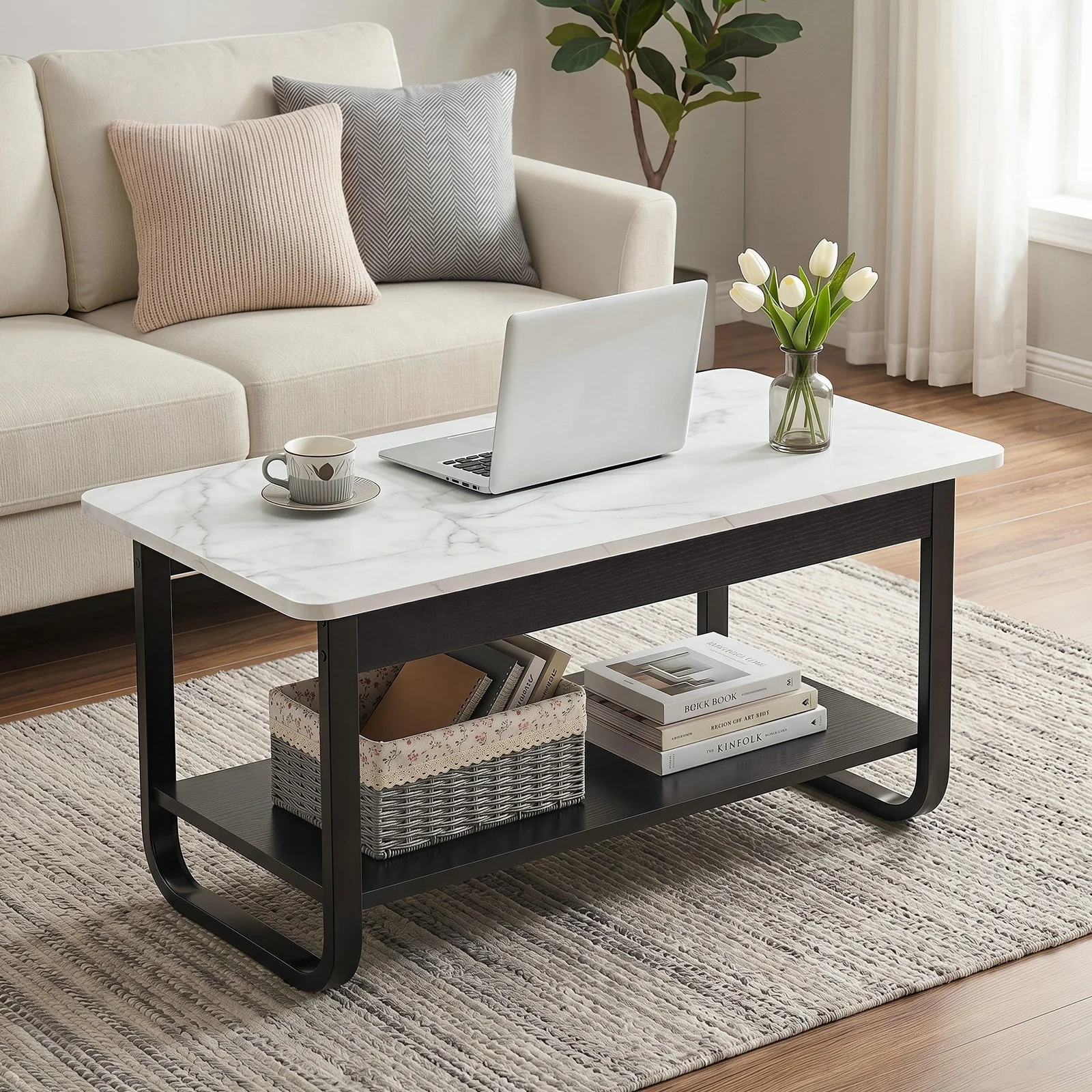 Artiss Coffee Table 2-Tier 80CM Marble Finish Shelf Black&White