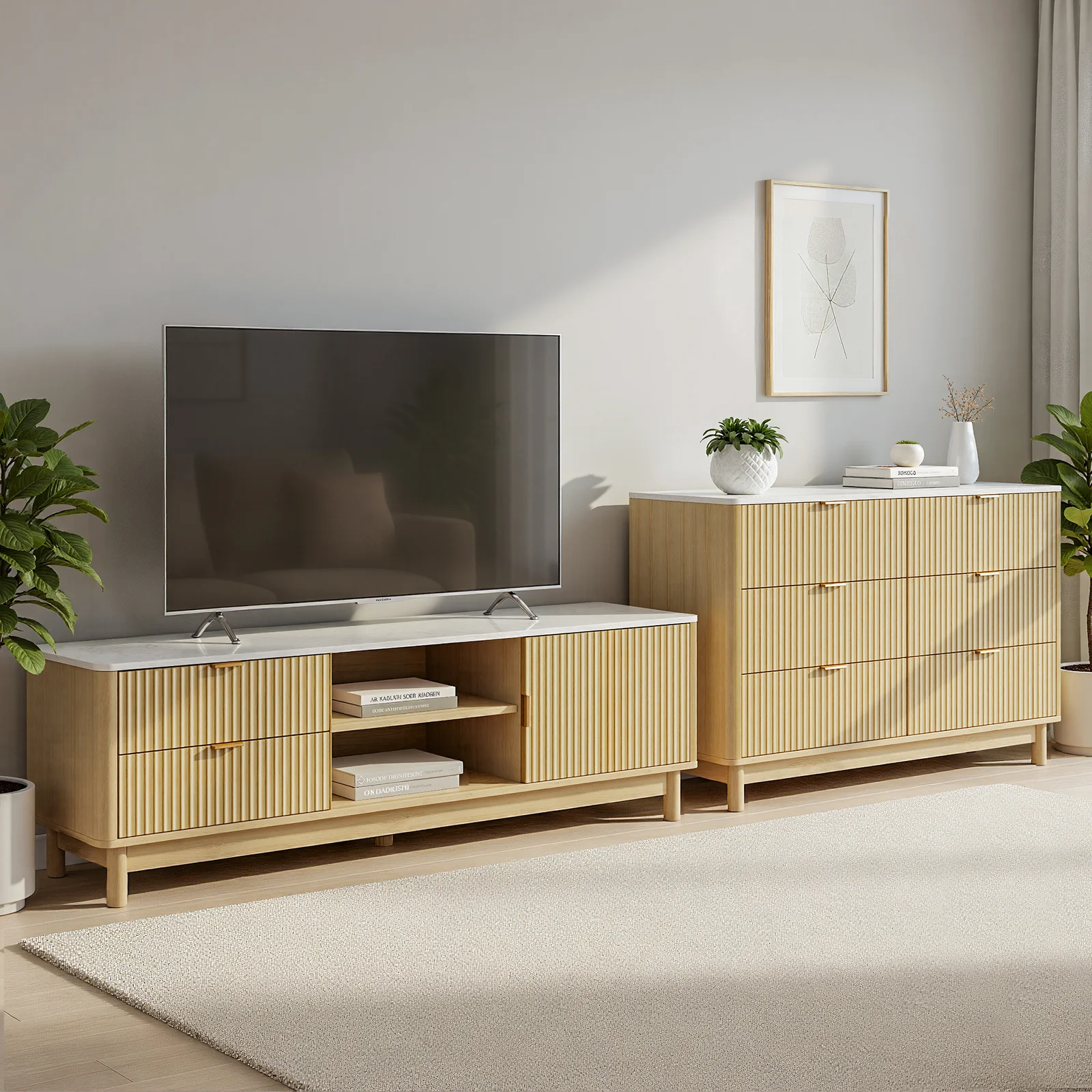 Artiss TV Unit & Chest of Drawers Set Solid Wood Legs Pine