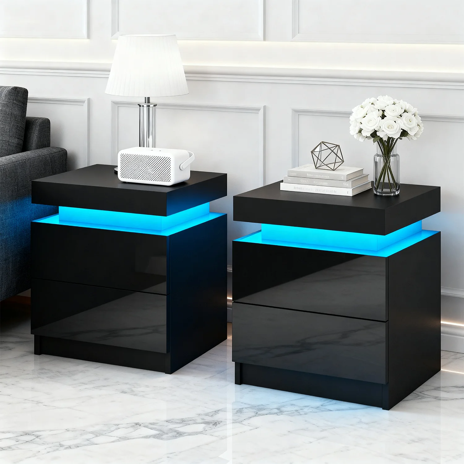 Artiss 2X Bedside Table LED 2 Drawers Lift-up Storage - COLEY Black