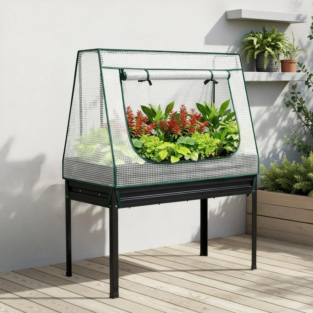 Green Fingers Elevated Metal Garden Bed Kit w Mini Greenhouse Cover 116x60cm Stand-Up Height Trellis