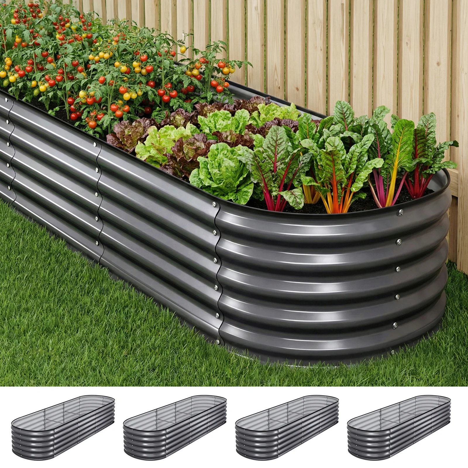 Green Fingers 4 Pcs Raised Garden Bed Kit Oval Galvanized Steel Planter Boxes 240x80x42cm, Heavy Duty Metal Elevated Garden Bed for Vegetables Flowers Herbs, with Safety Edging, Gloves & Pegs Included