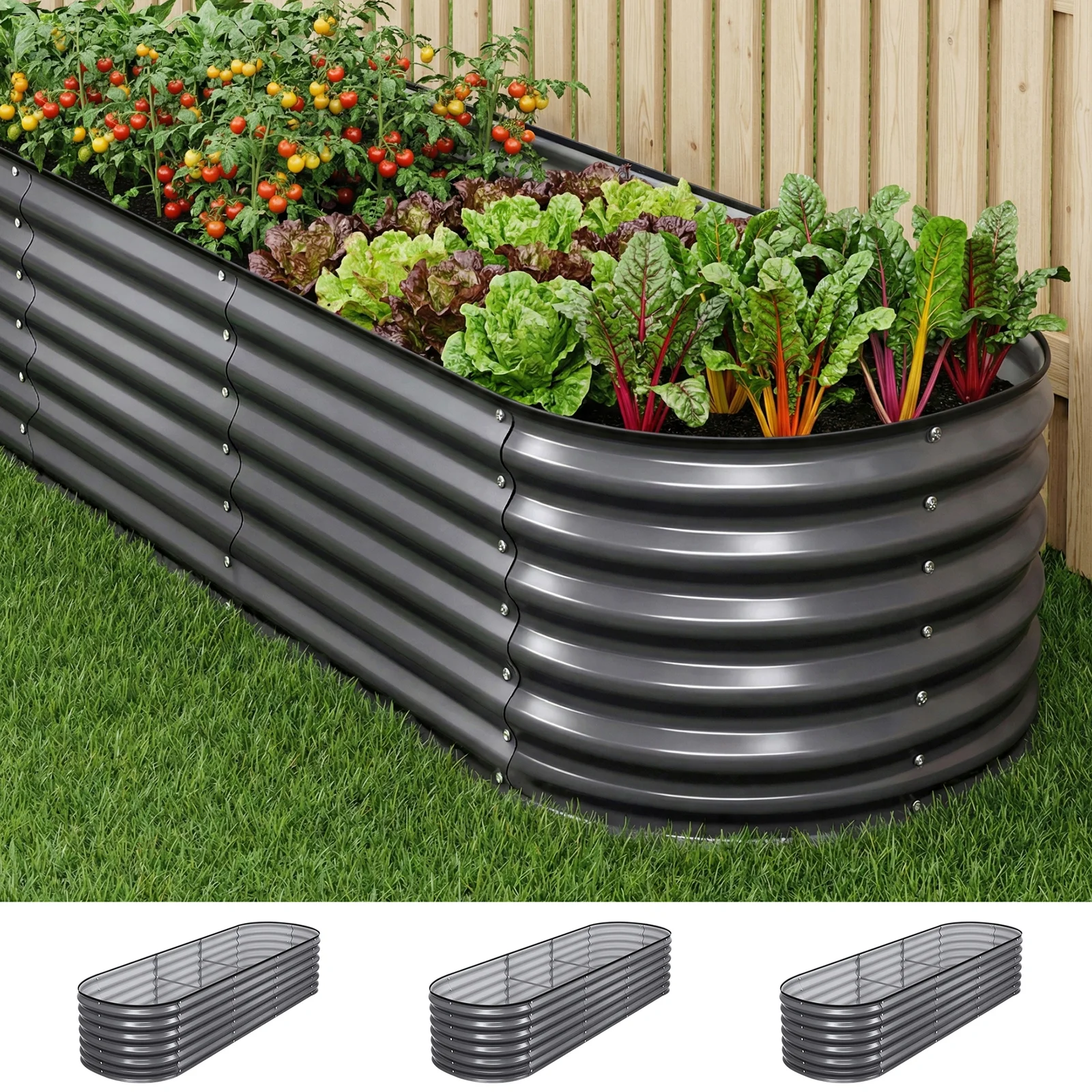 Green Fingers 3 Pcs Raised Garden Bed Kit Oval Galvanized Steel Planter Boxes 240x80x56cm, Heavy Duty Metal Elevated Garden Bed for Vegetables Flowers Herbs, with Safety Edging, Gloves & Pegs Included
