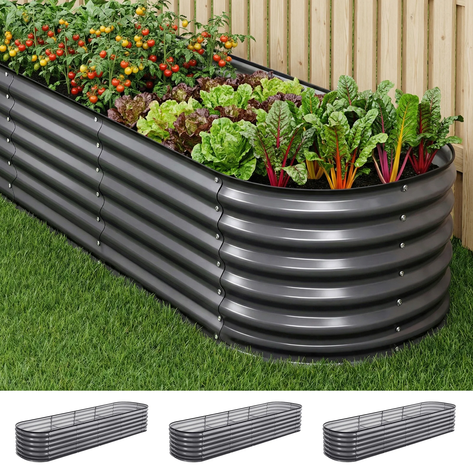 Green Fingers 3 Pcs Raised Garden Bed Kit Oval Galvanized Steel Planter Boxes 320x80x56cm, Heavy Duty Metal Elevated Garden Bed for Vegetables Flowers Herbs, with Safety Edging, Gloves & Pegs Included