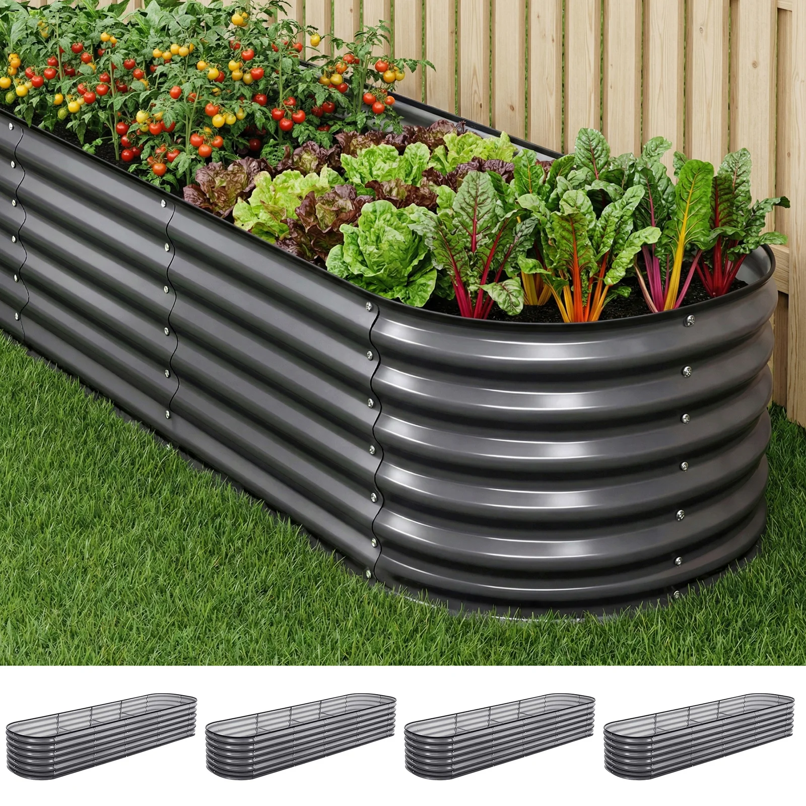 Green Fingers 4 Pcs Raised Garden Bed Kit Oval Galvanized Steel Planter Boxes 320x80x56cm, Heavy Duty Metal Elevated Garden Bed for Vegetables Flowers Herbs, with Safety Edging, Gloves & Pegs Included