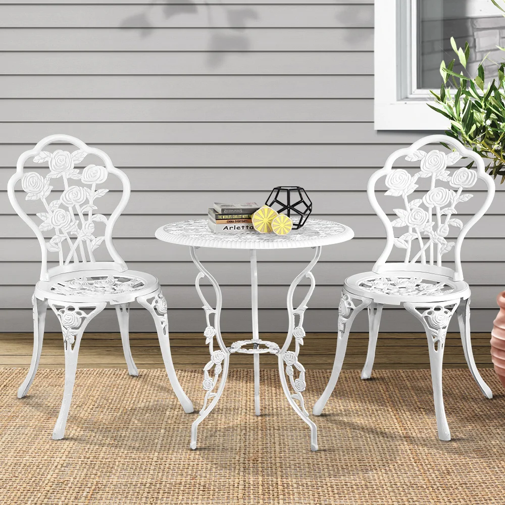 Gardeon 3PC Outdoor Setting Bistro Set Chairs Table Cast Aluminum Patio Furniture Rose White